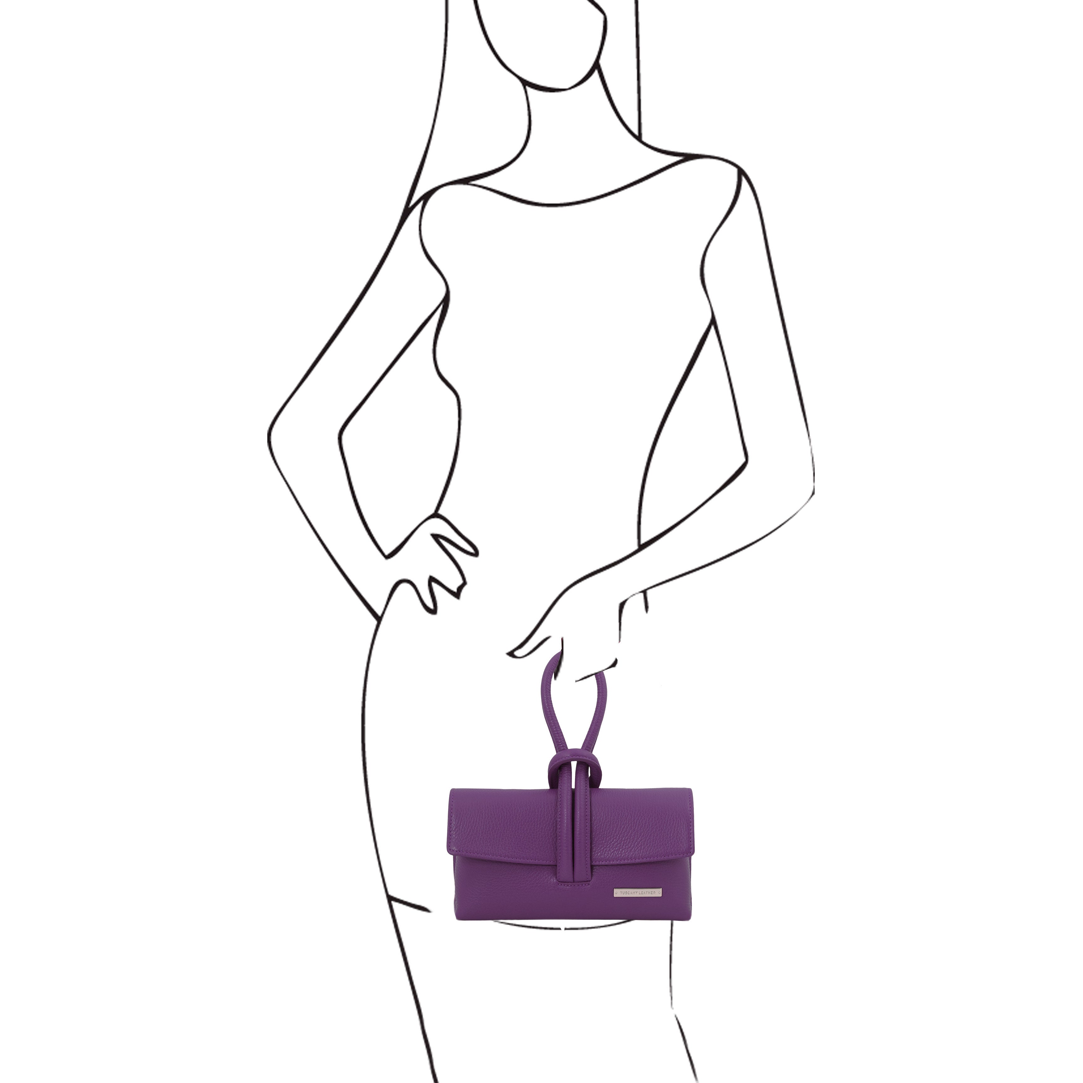 Black and white sketch of female model holding the TL Bag Leather Clutch in purple by its top loop handle