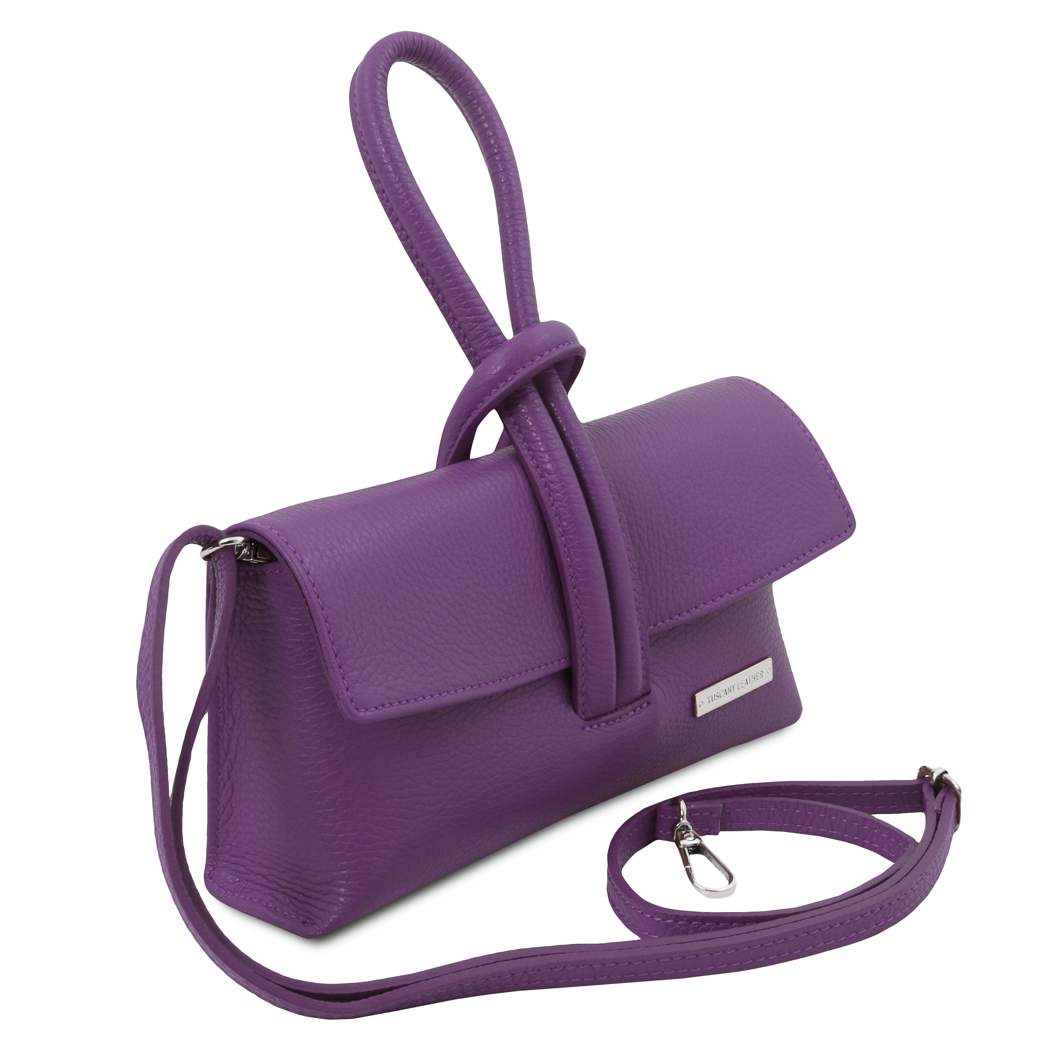 Front side view TL Bag Leather Clutch in purple showing strap top loop handle and detachable and adjustable crossbody strap