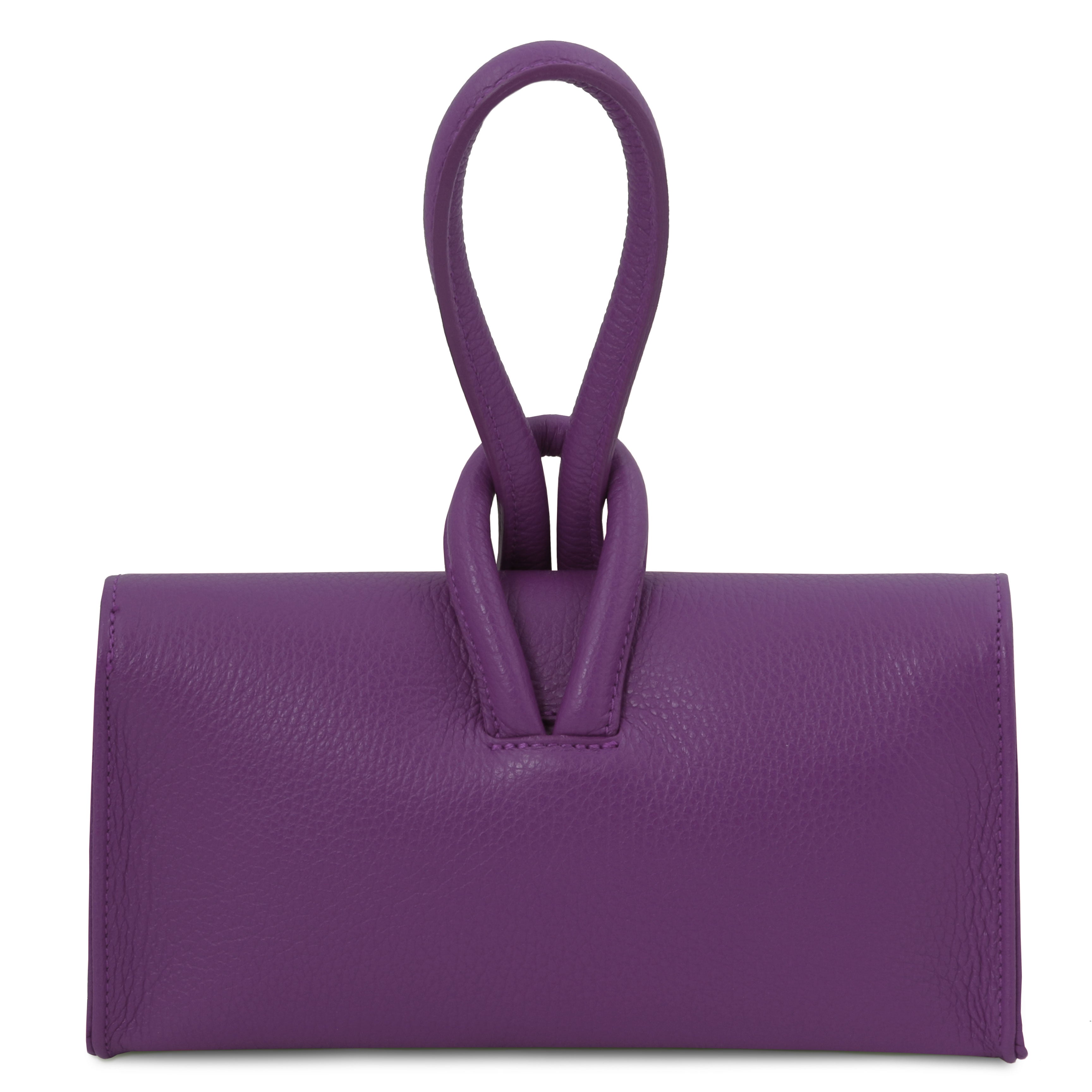 Back view TL Bag Leather Clutch in purple showing top loop handle