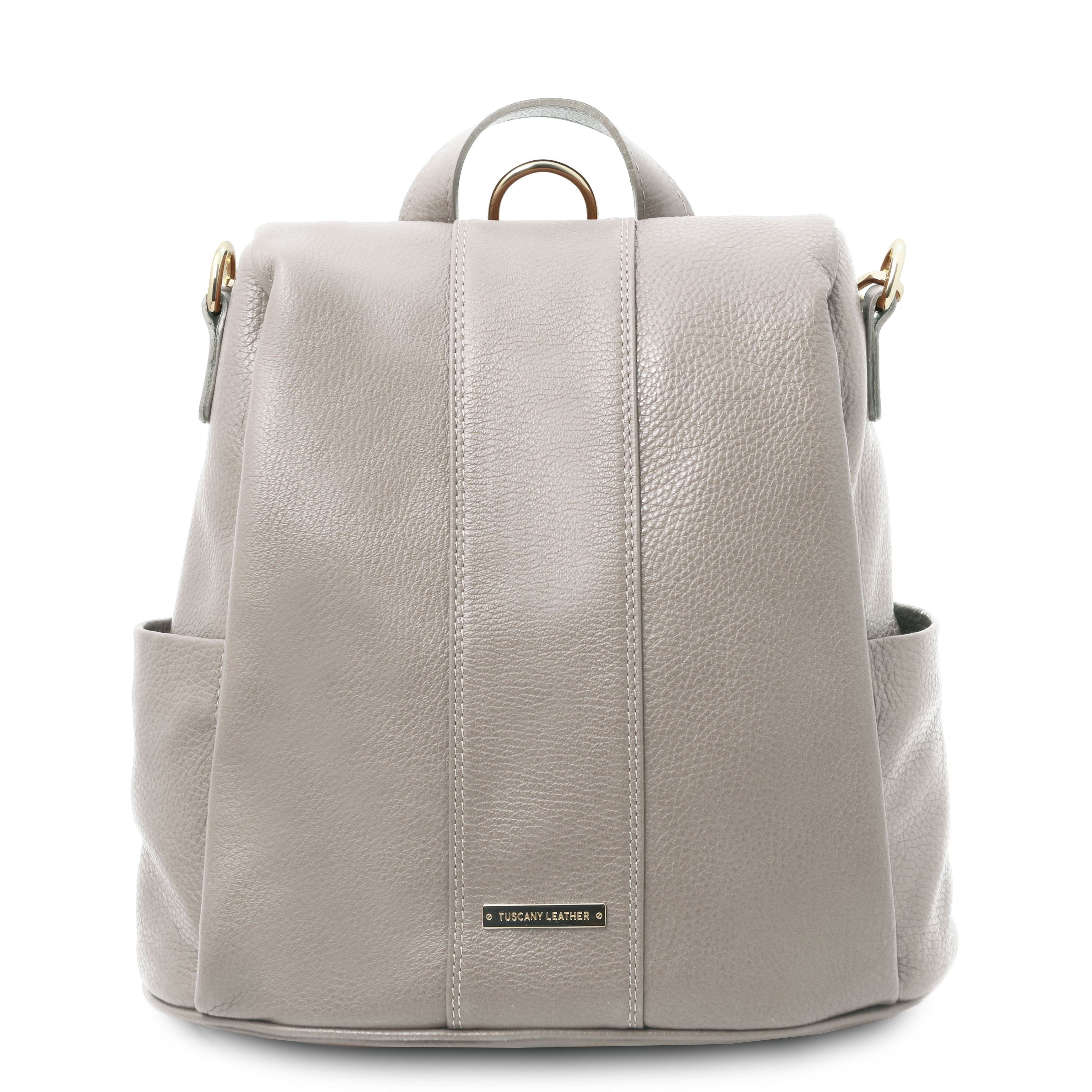 Front View TL Bag Soft Leather Backpack in light gray showing front cover flap and top handle