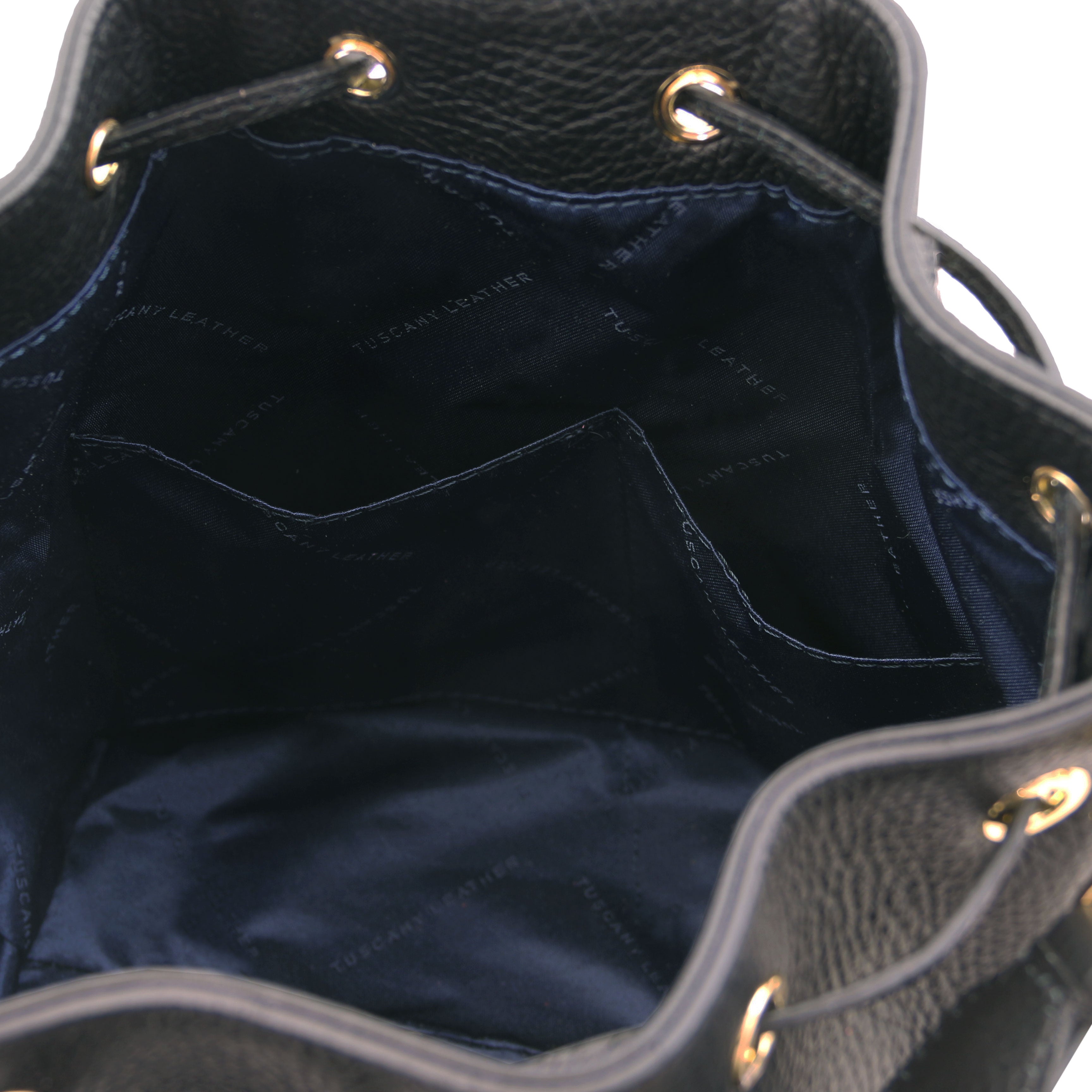 Interior open pocket view TL Italian Leather Bucket Bag in black with navy lining