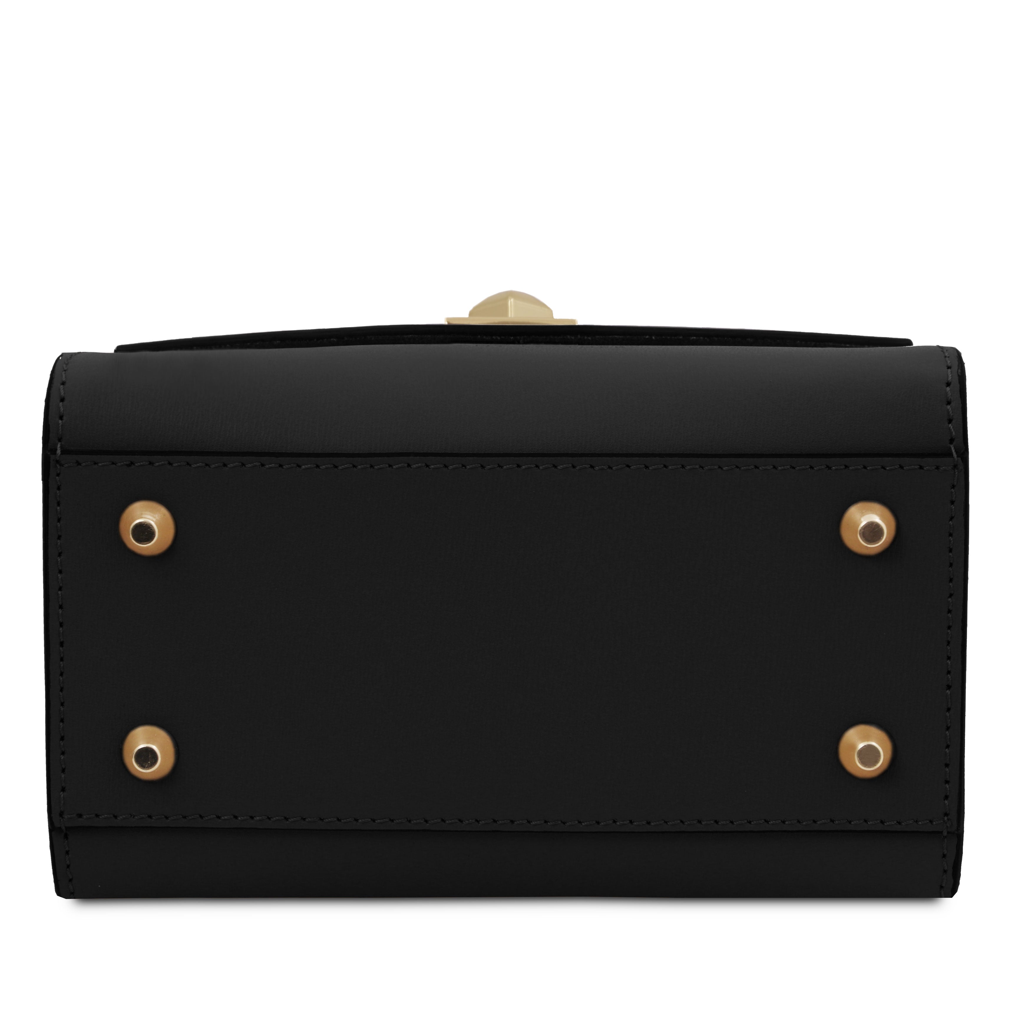 Bottom view TL Bag Italian Leather Mini Bag in black with four gold protective feet