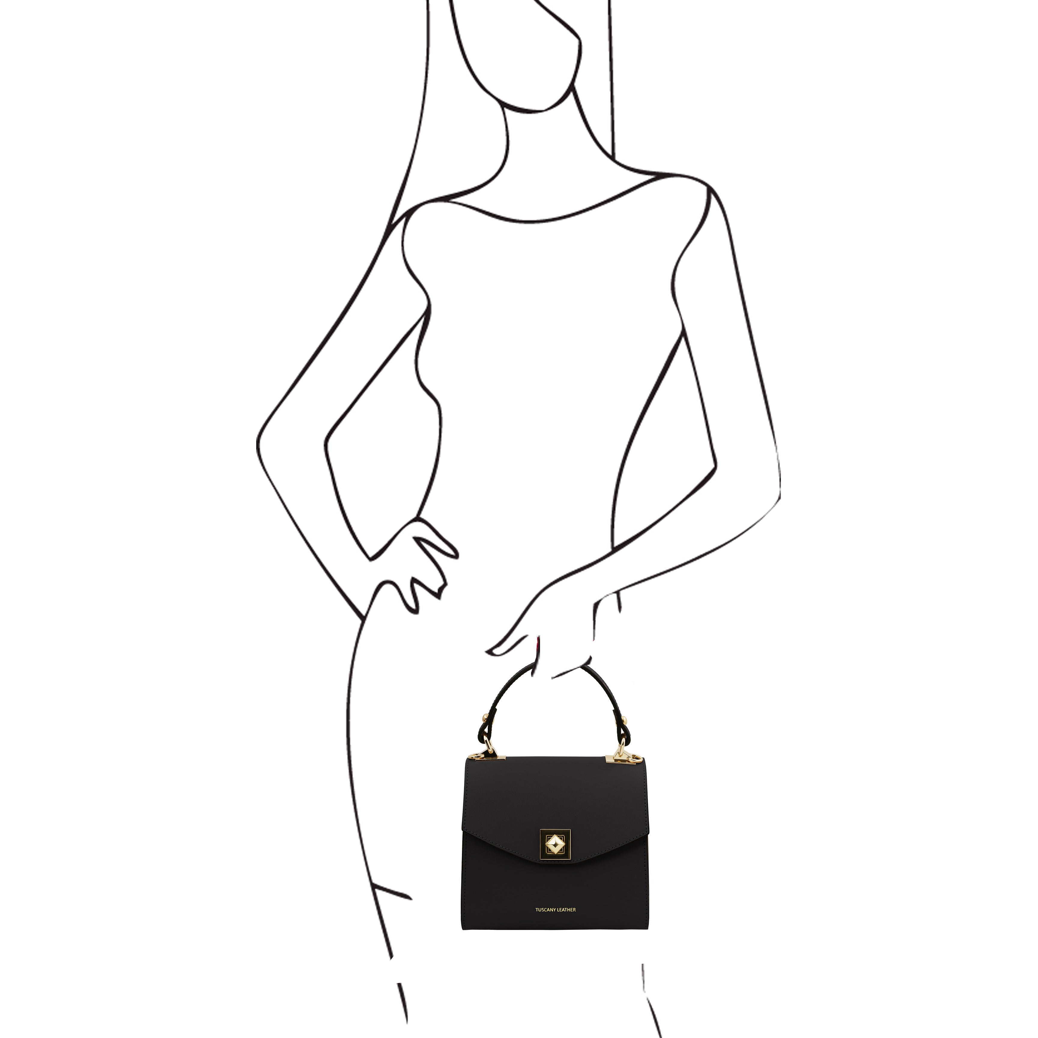 Black sketch on white of a woman holding the TL Bag Italian Leather Mini Bag in black
