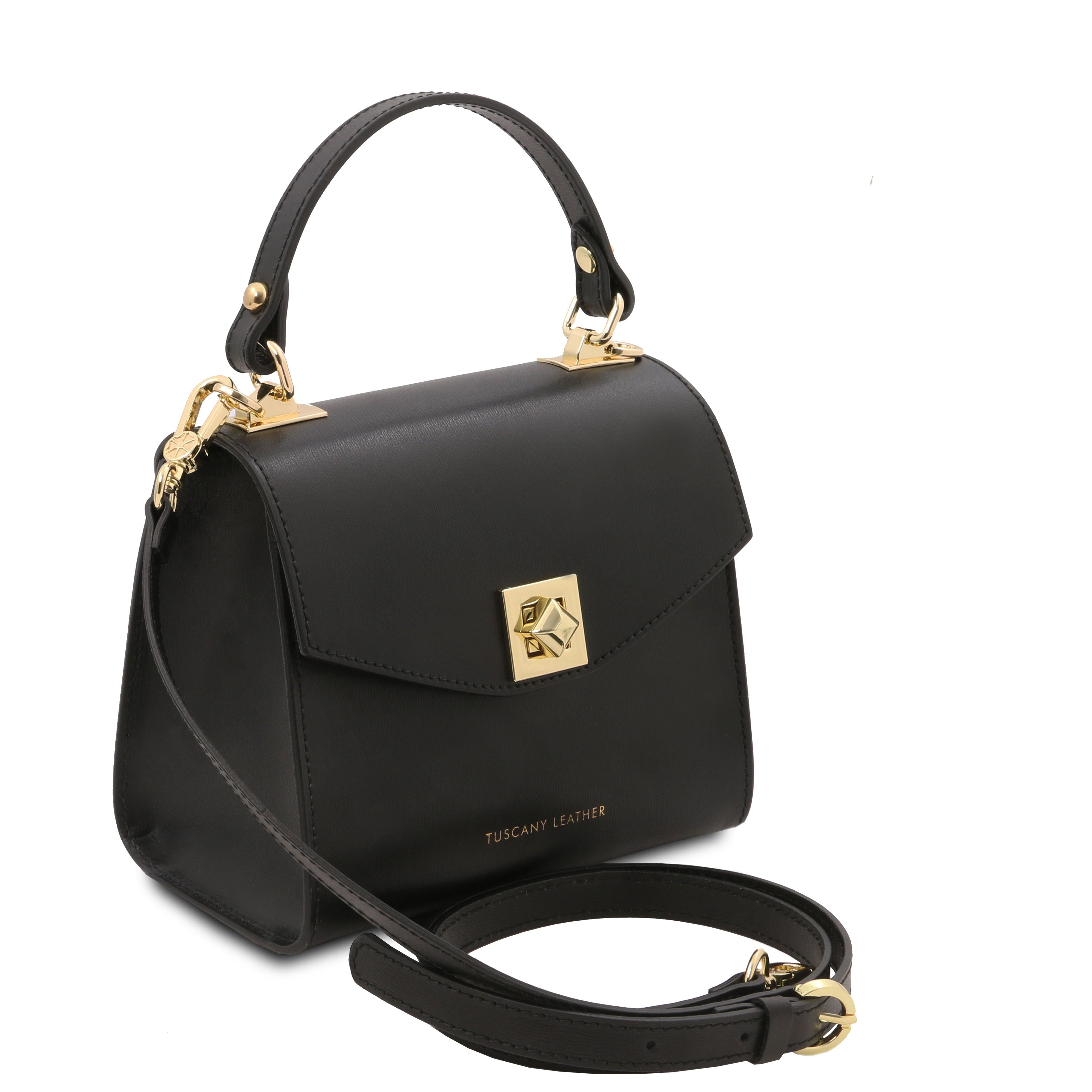 Front side view TL Bag Italian Leather Mini Bag in black with shoulder strap