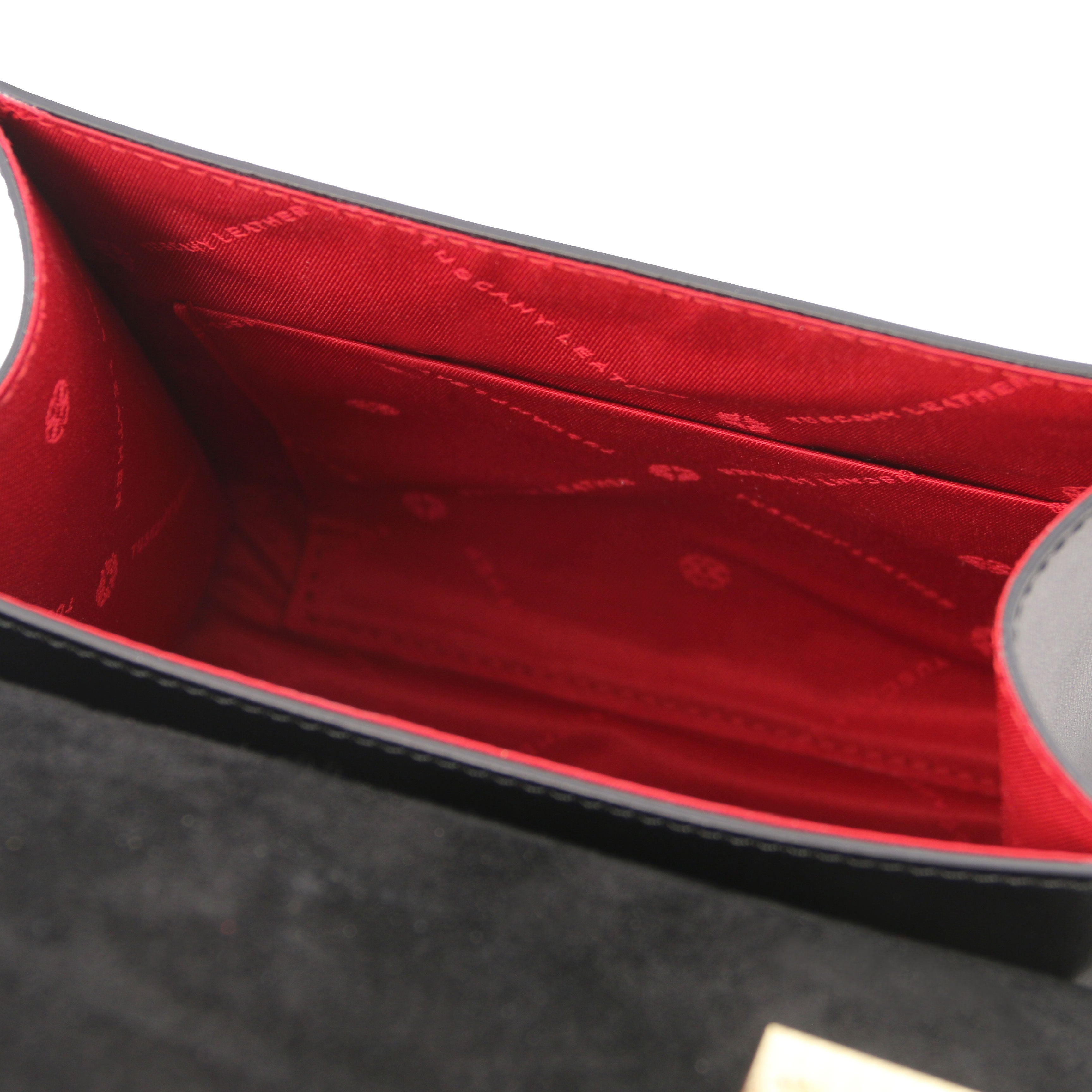 Interior view TL Bag Italian Leather Mini Bag in black showing interior open pocket and red lining