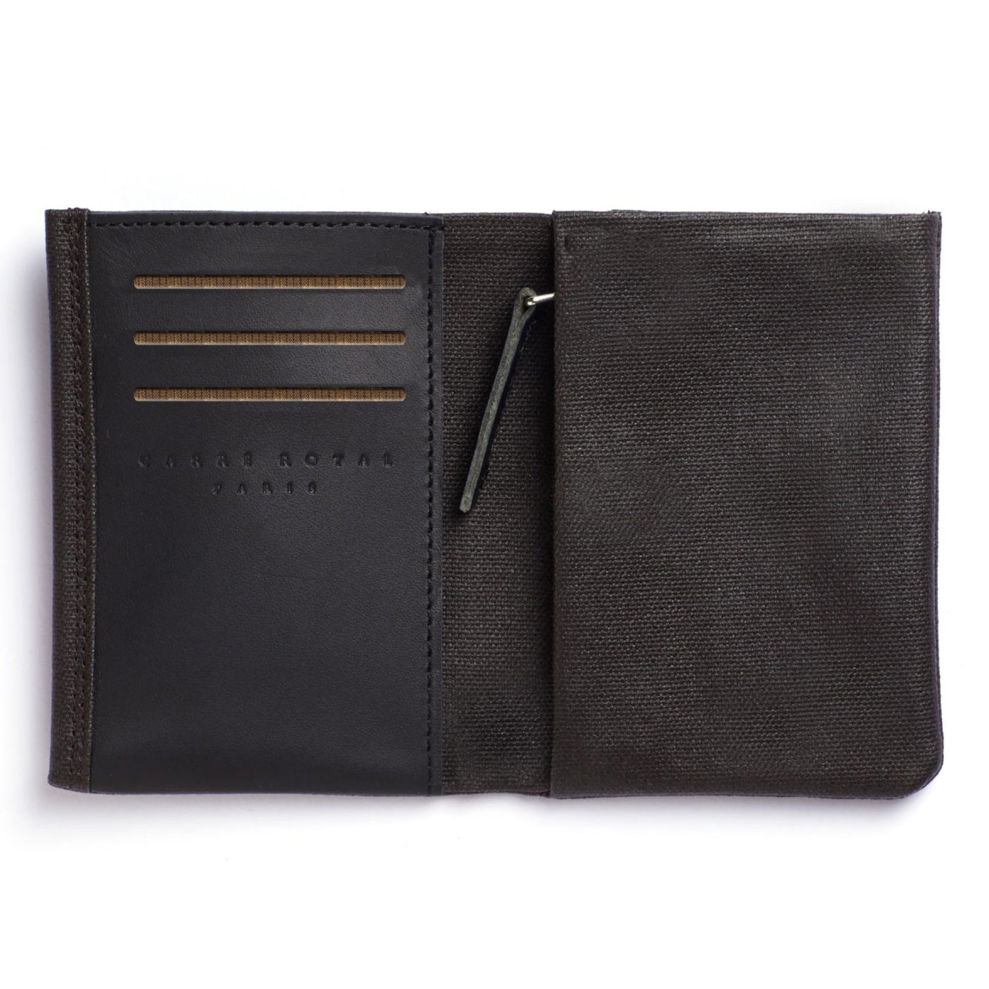 Brown Minimalist Canvas and Leather Wallet interior showing three card slots, open pocket and coin pocket.