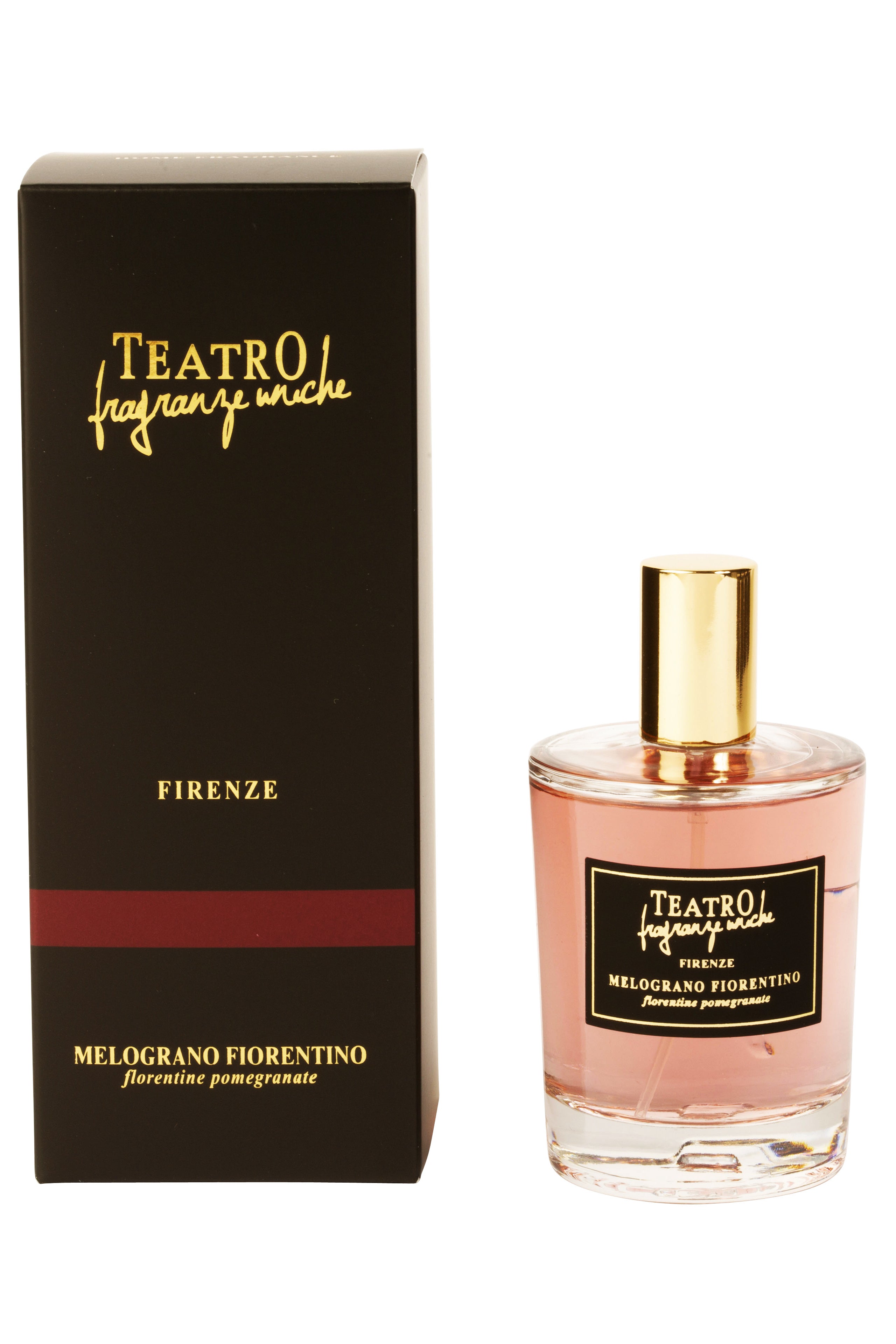 Florentine Pomegranate Room Italian Spray in clear bottle with pink liquid and black shipping box on a white background