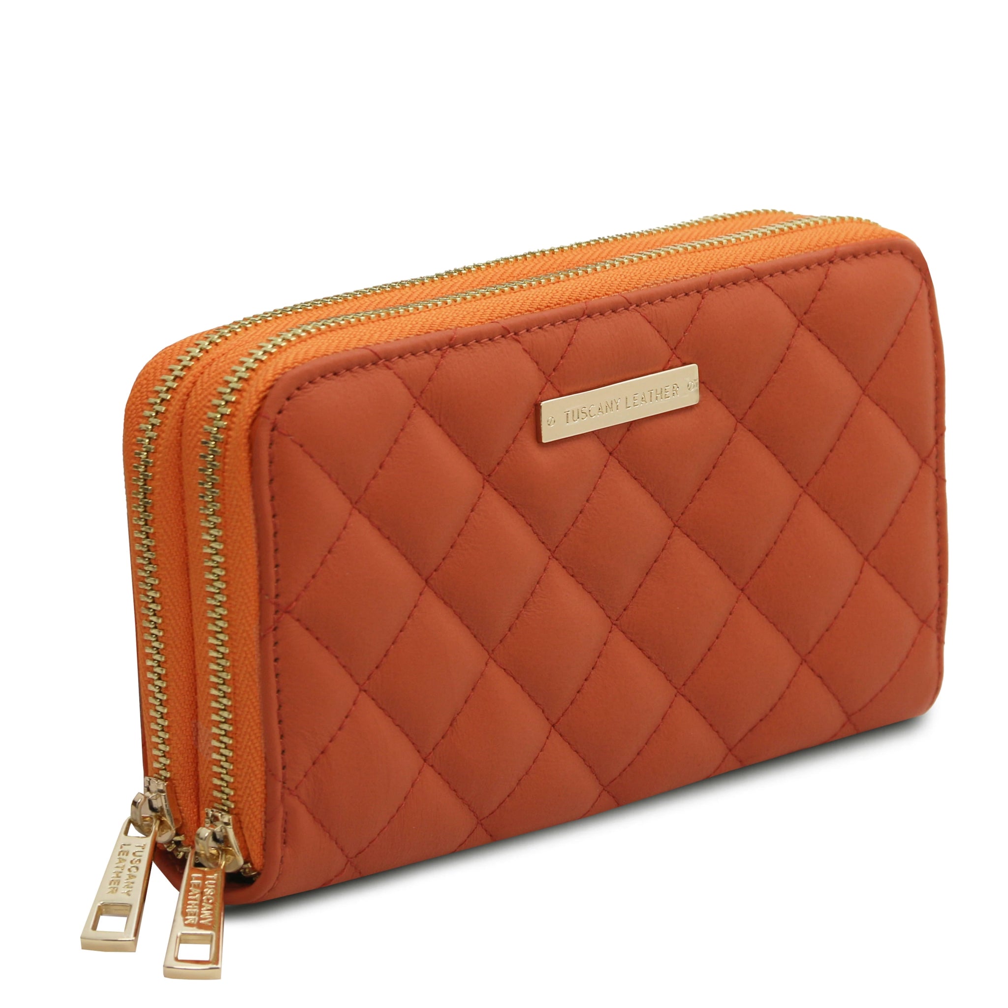 Front side view of both zippered compartments of Ada Double Zip Around Soft Italian Leather Wallet in orange on white background