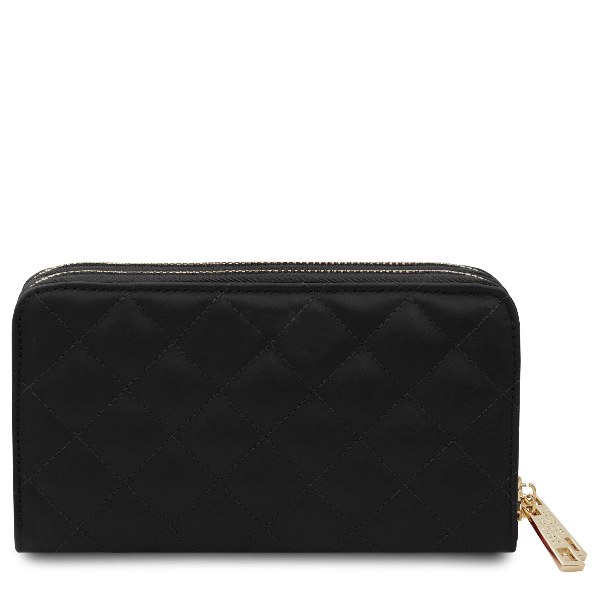 Back view of Ada Double Zip Around Soft Italian Leather Wallet in black on white background