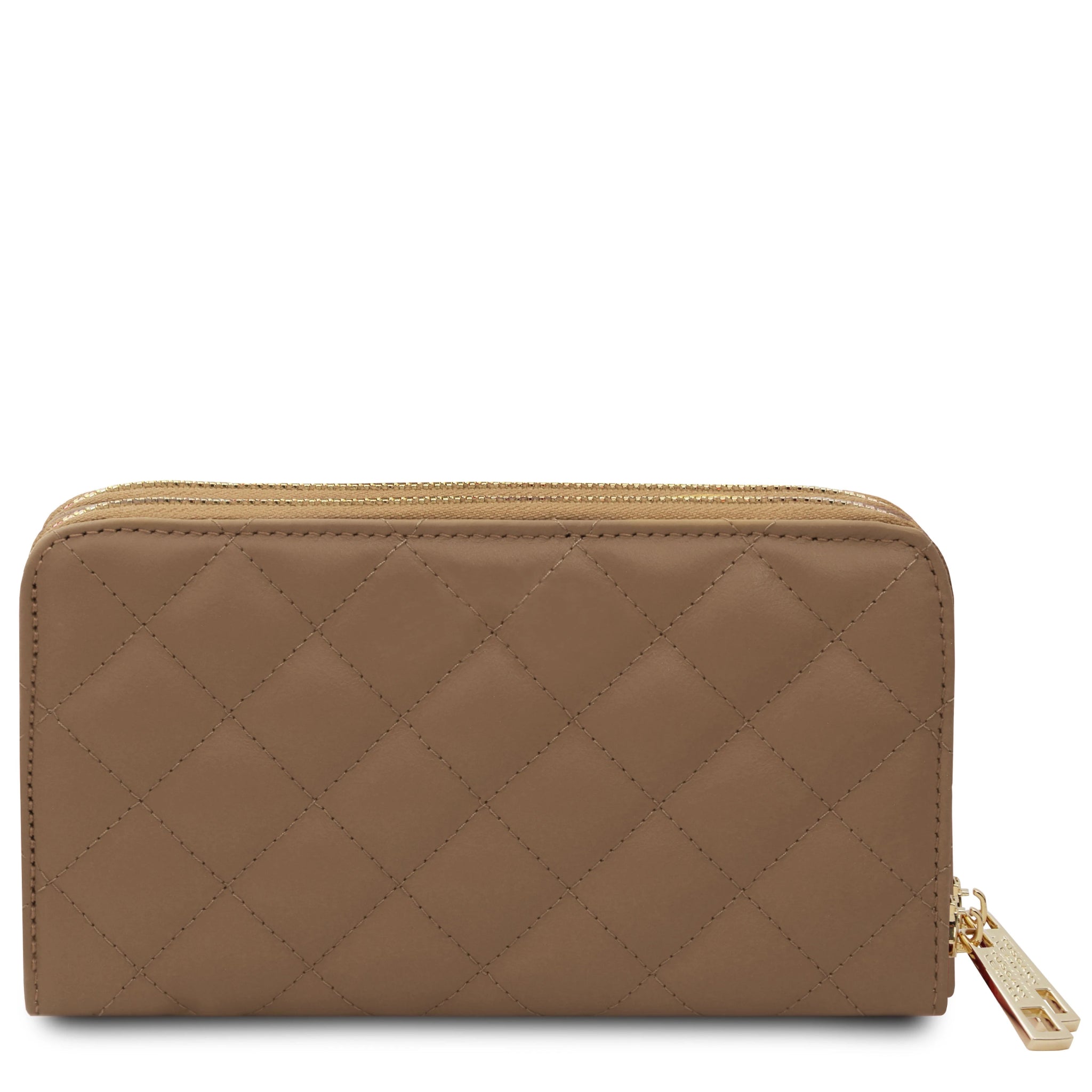 Back view of Ada Double Zip Around Soft Italian Leather Wallet in light taupe on white background