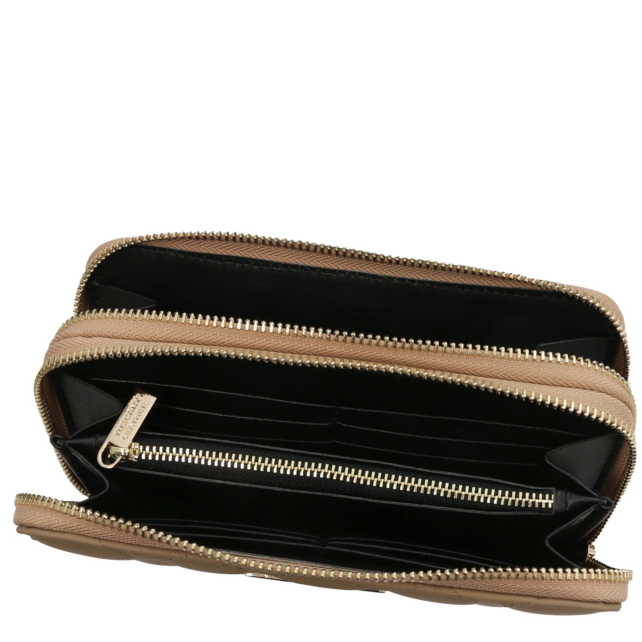Top interior view of both zippered compartments and coin pocket of Ada Double Zip Around Soft Italian Leather Wallet in light taupe and dark lining