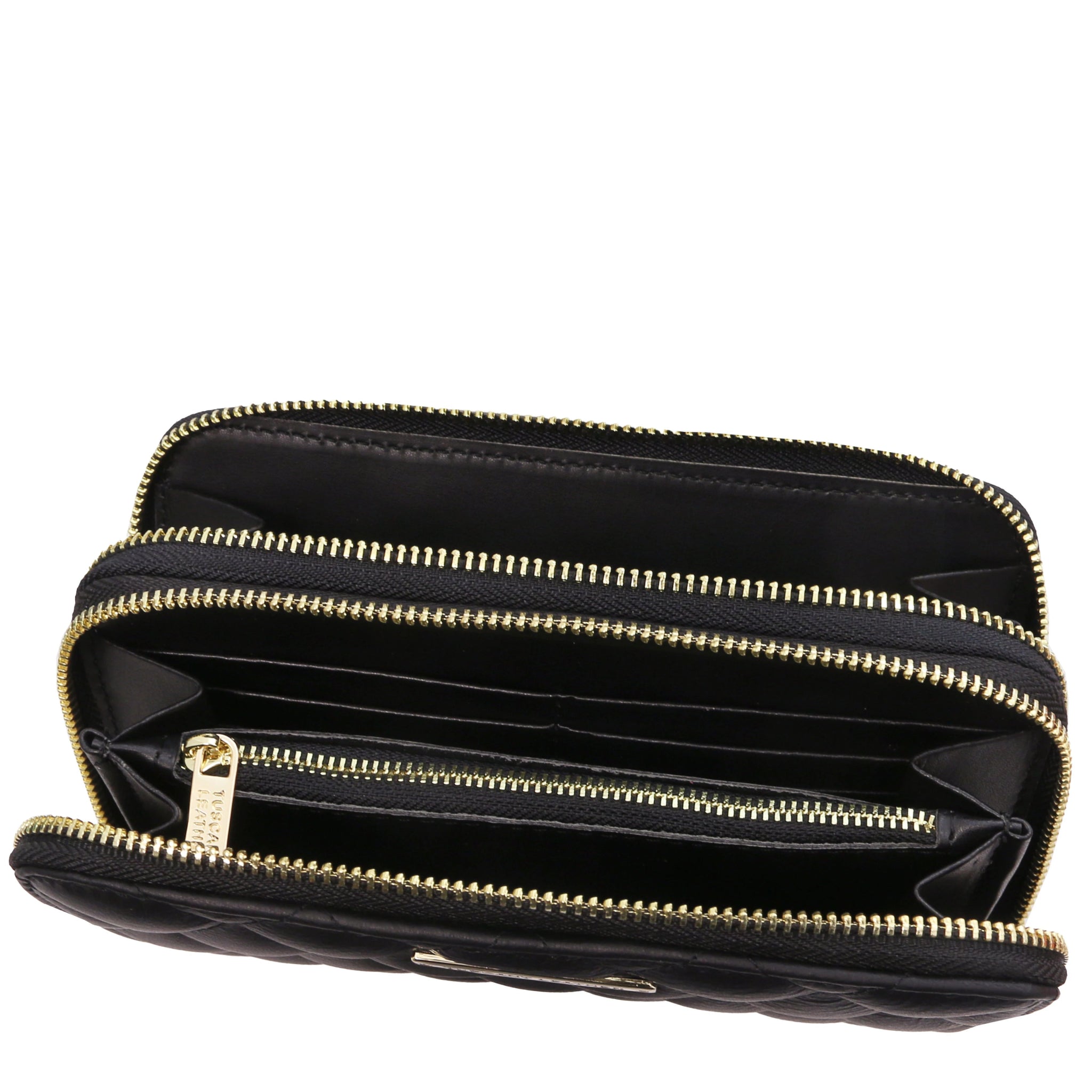 Top interior view of both zippered compartments and coin pocket of Ada Double Zip Around Soft Italian Leather Wallet in black