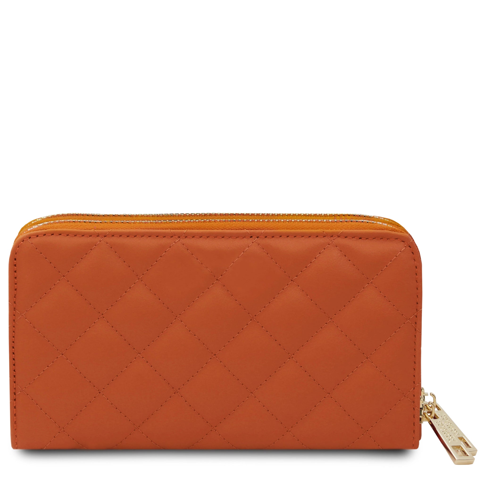 Back view of Ada Double Zip Around Soft Italian Leather Wallet in orange on white background