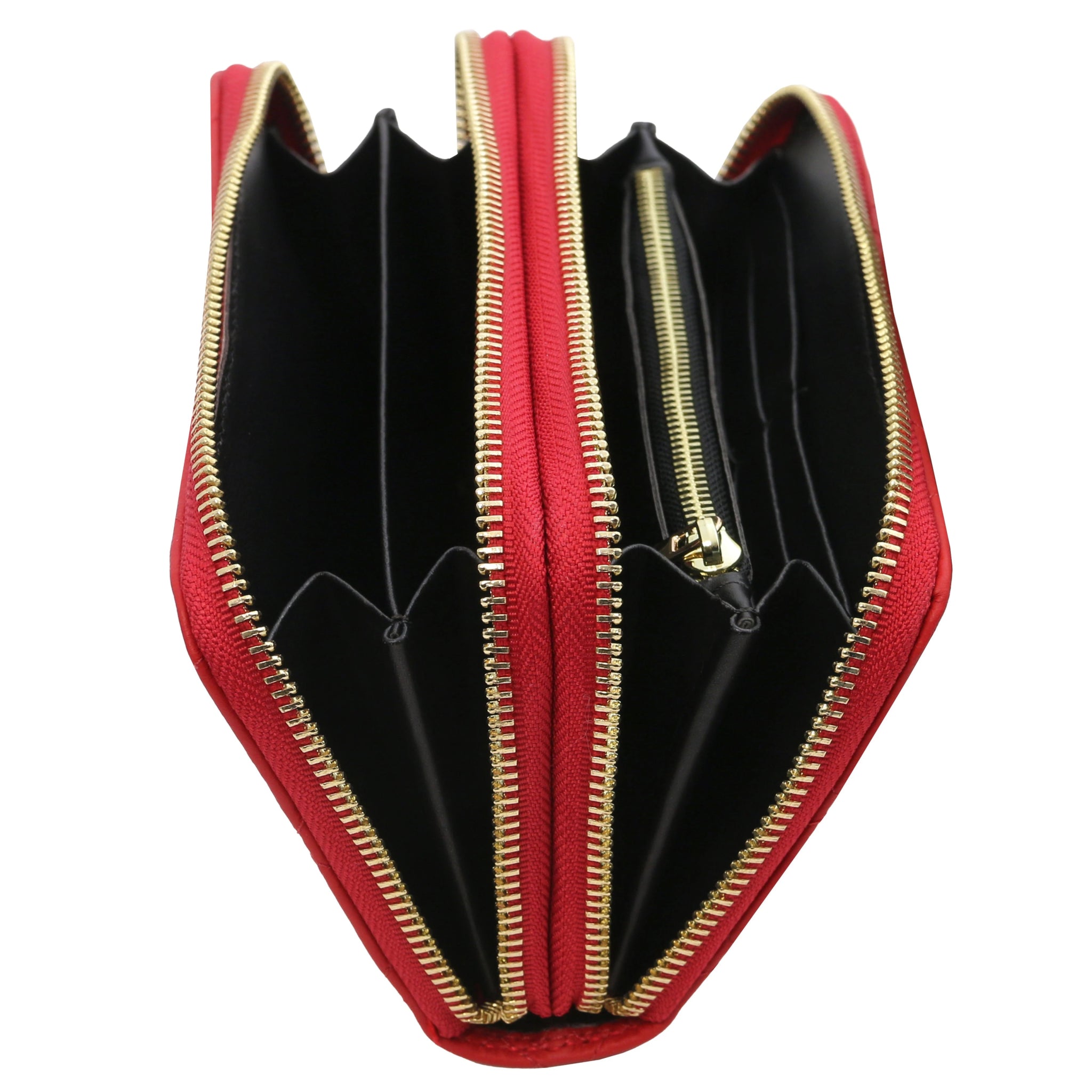 Top interior view of coin pocket, open pockets, card pockets of Ada Double Zip Around Soft Italian Leather Wallet in red on a white background
