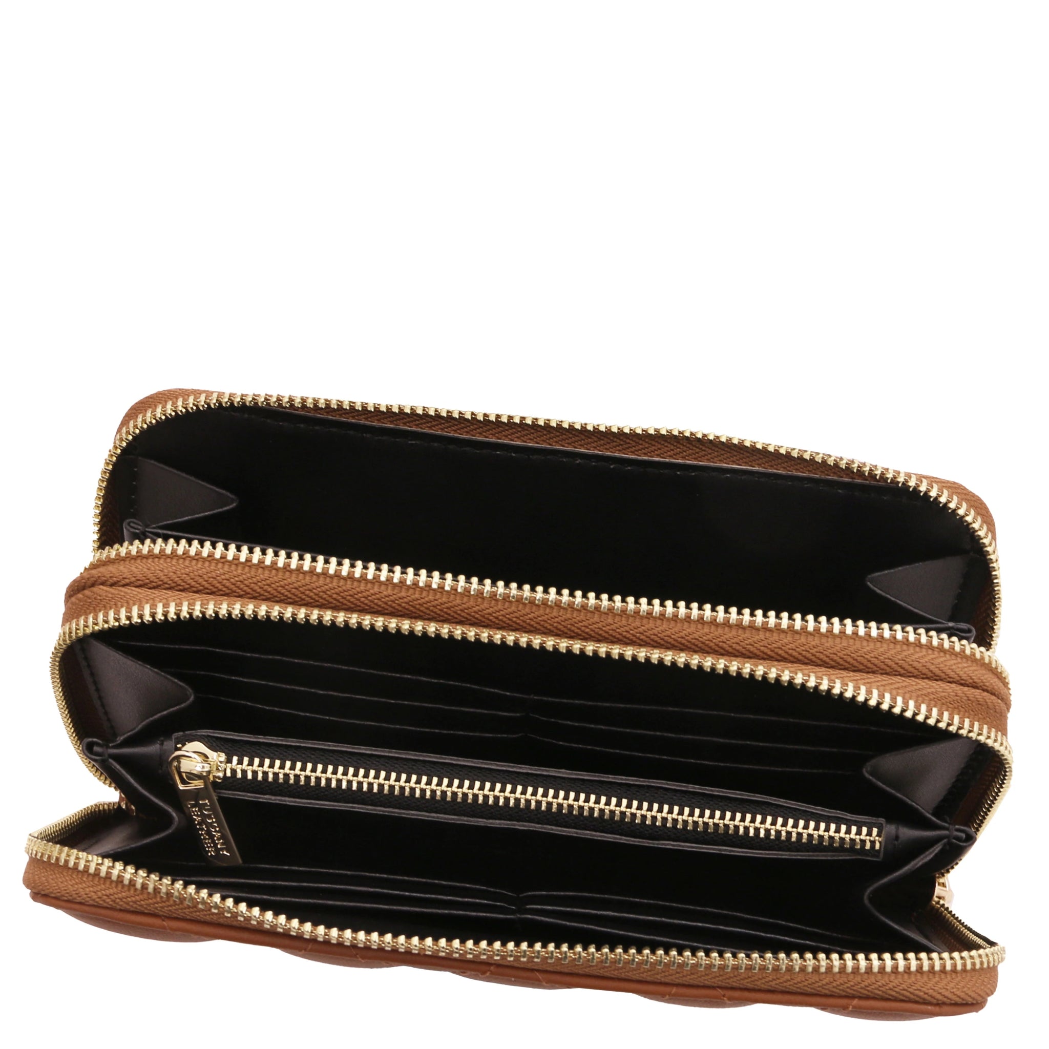 Top interior view of both zippered compartments, coin pocket Ada Double Zip Around Soft Italian Leather Wallet in cognac, dark brown interior lining