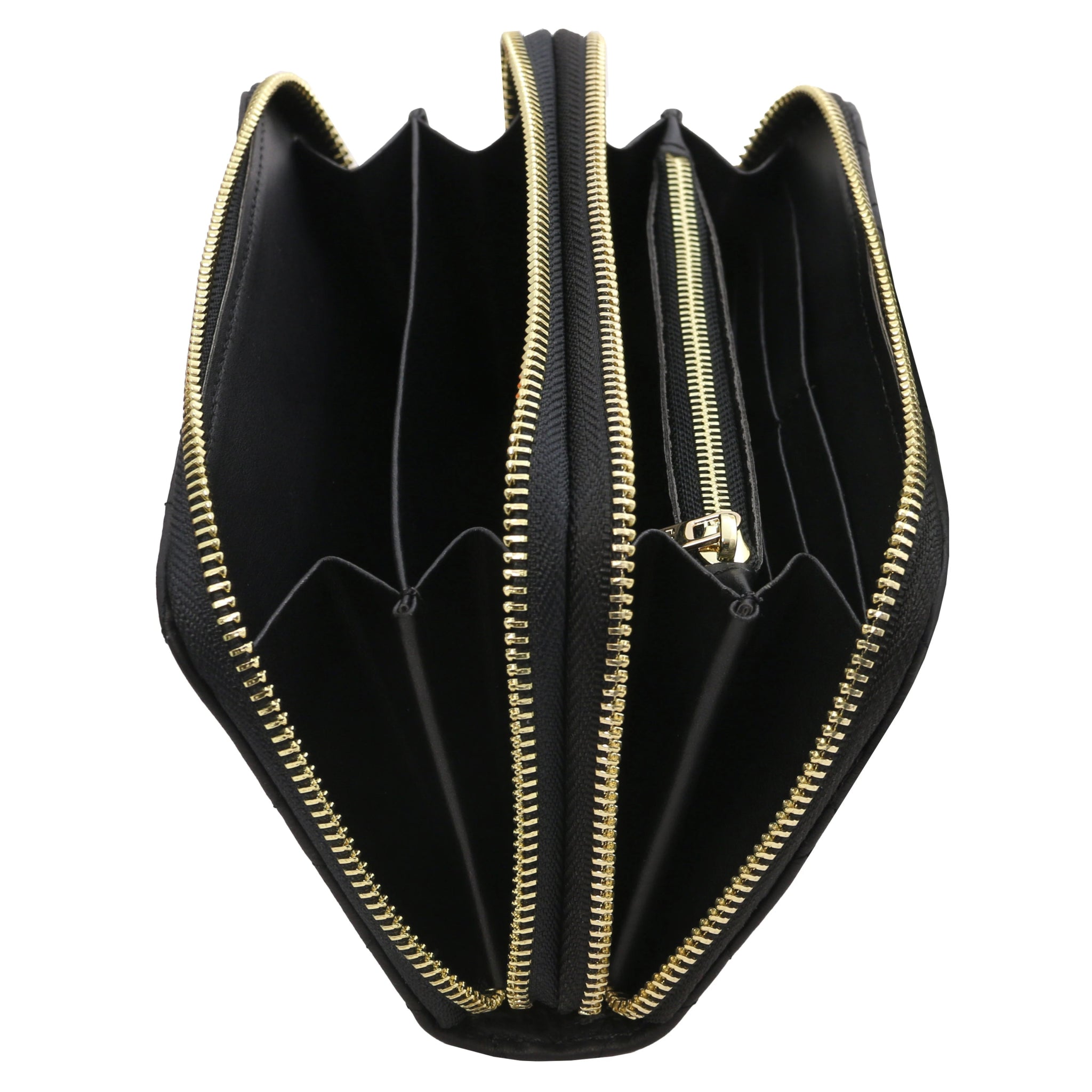 Top interior view of coin pocket, open pockets, card pockets Ada Double Zip Around Soft Italian Leather Wallet in black with black interior lining
