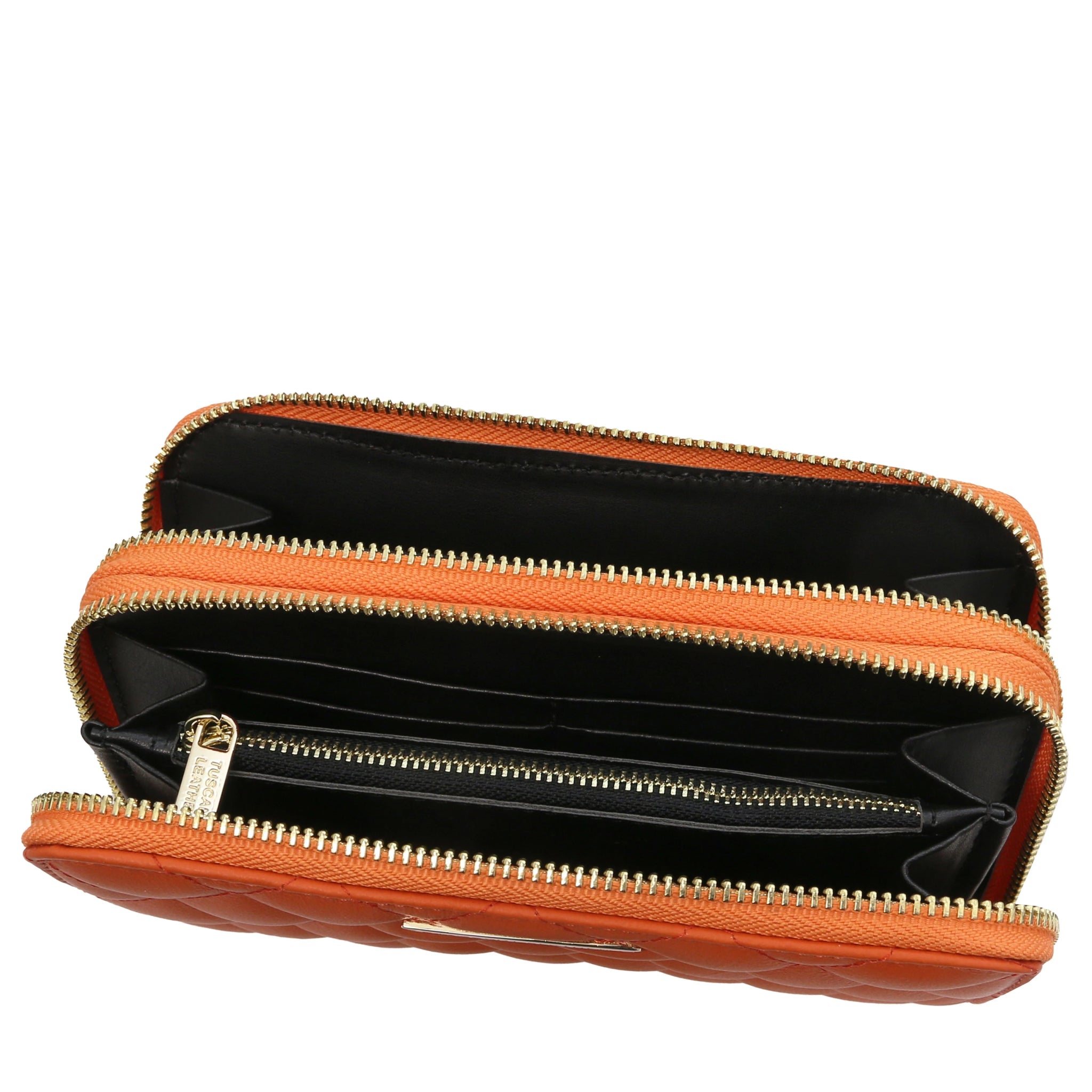Top interior view of both zippered compartments and coin pocket of Ada Double Zip Around Soft Italian Leather Wallet in orange and dark lining