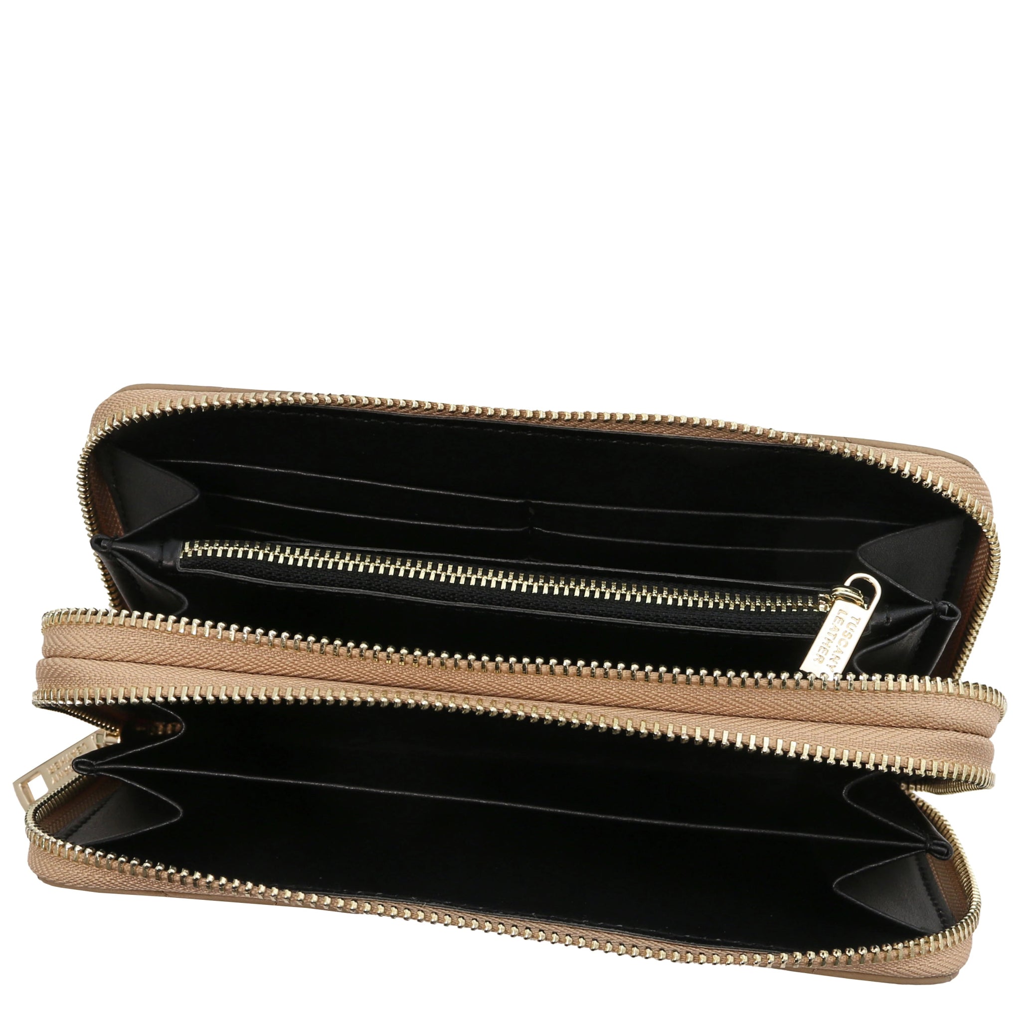 Top interior view of both zippered compartments and currency pockets of Ada Double Zip Around Soft Italian Leather Wallet in light taupe and dark lining