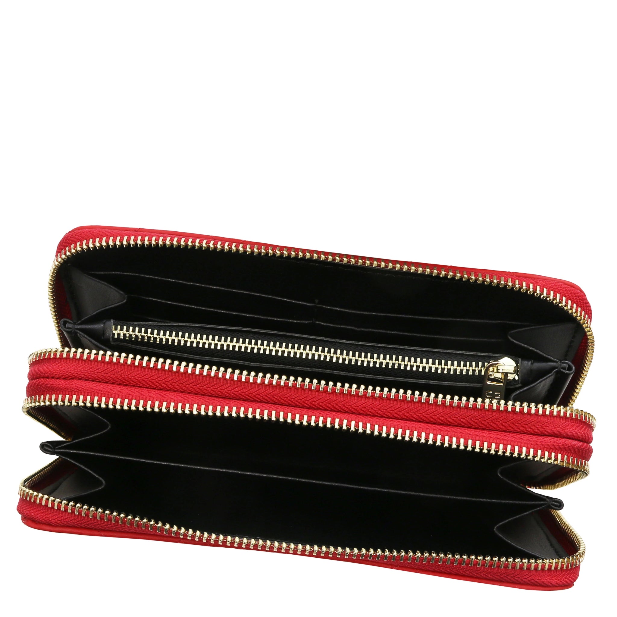 Top interior view of both zippered compartments and currency pockets of Ada Double Zip Around Soft Italian Leather Wallet in red and dark lining