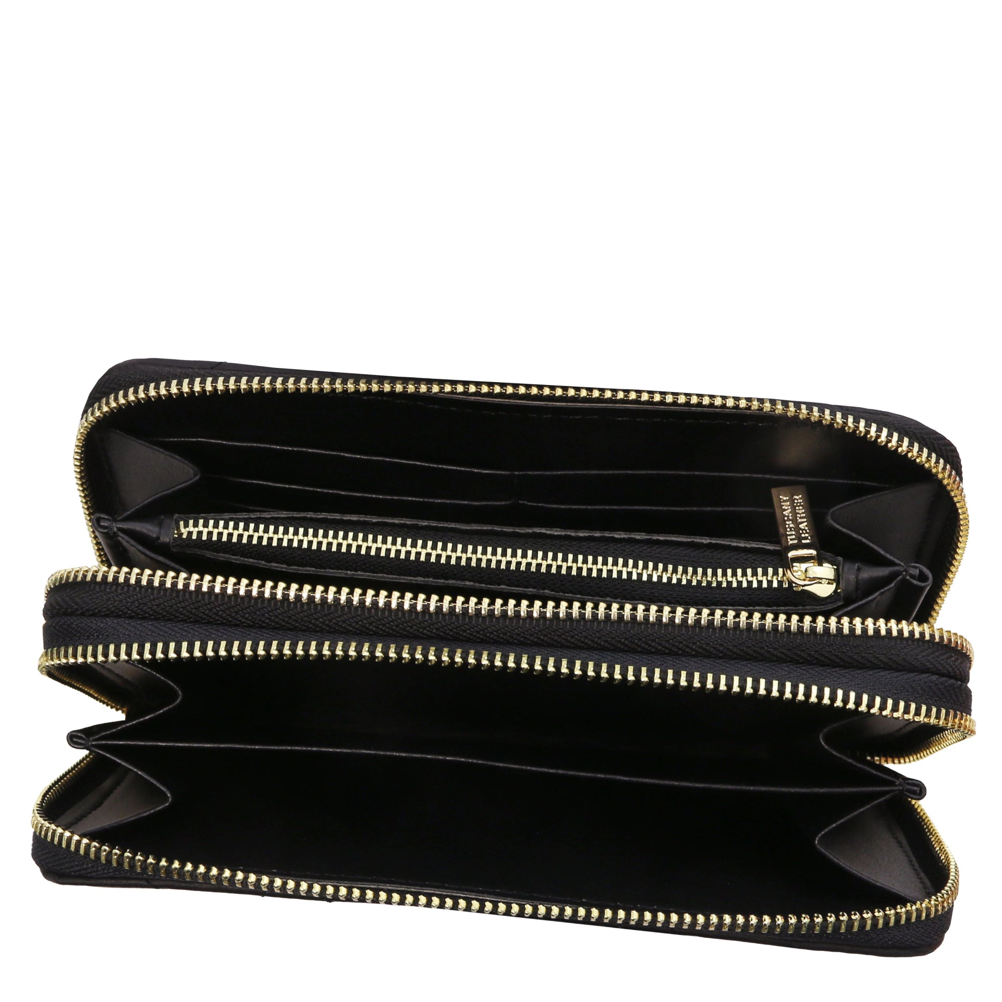 Top interior view of both zippered compartments and currency pockets of Ada Double Zip Around Soft Italian Leather Wallet in black