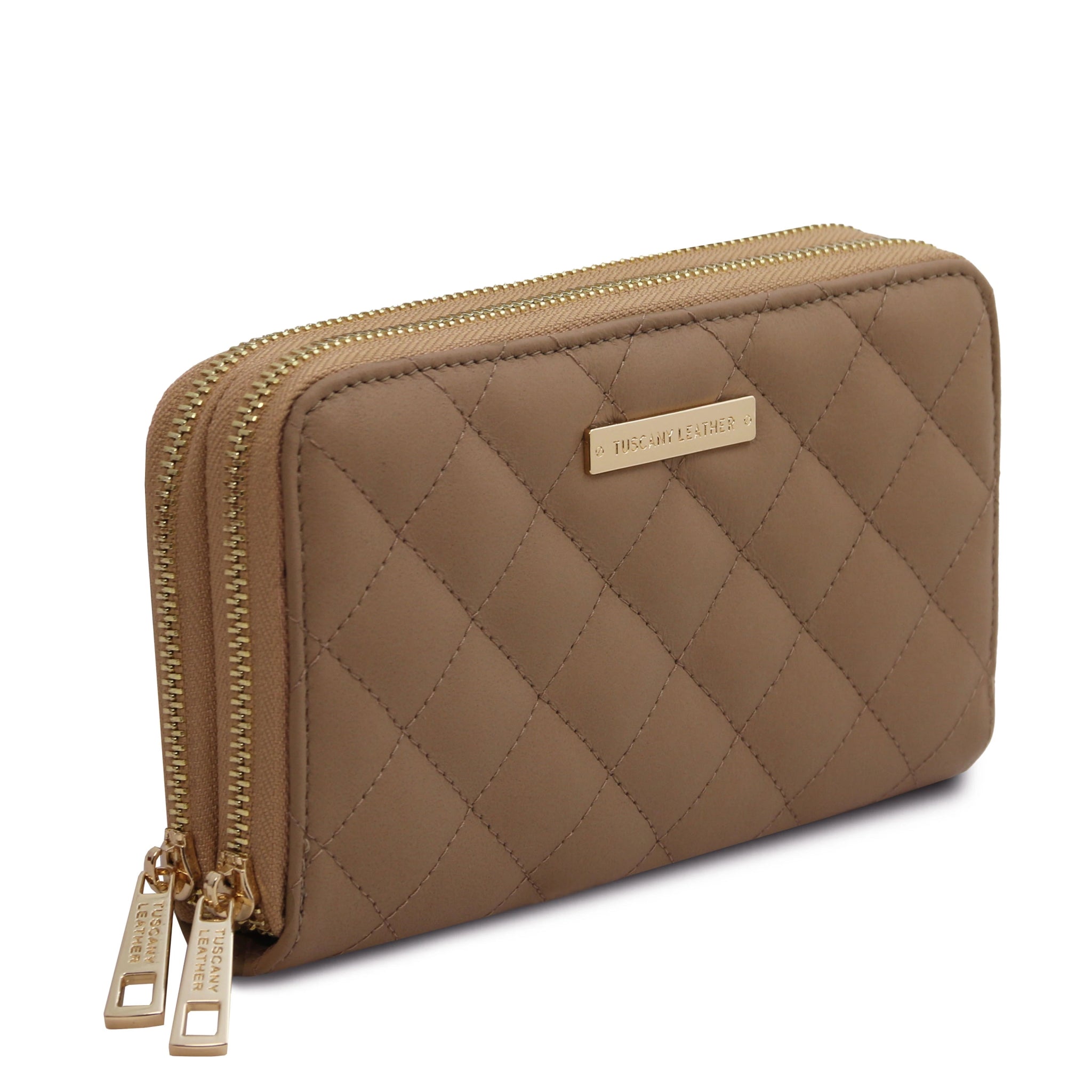 Front side view of both zippered compartments of Ada Double Zip Around Soft Italian Leather Wallet in light taupe on white background