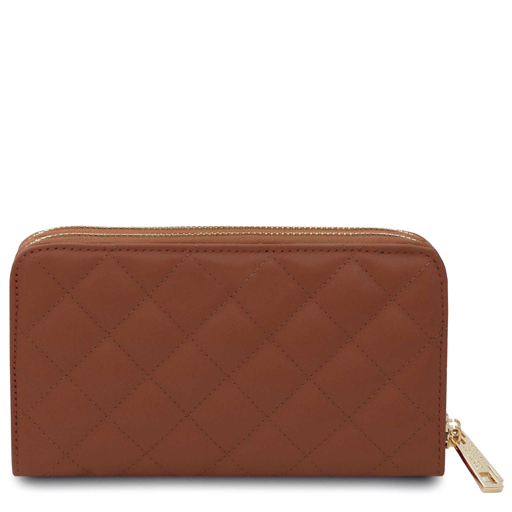 Back view of Ada Double Zip Around Soft Italian Leather Wallet in cognac on white background