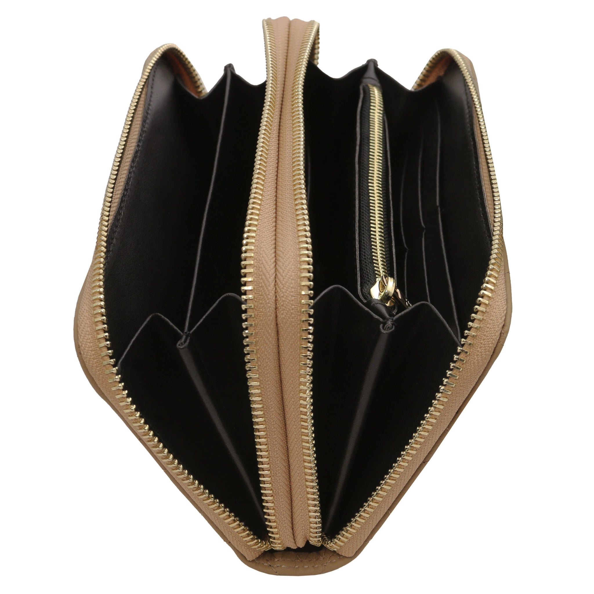 Top interior view of coin pocket, open pockets, card pockets of Ada Double Zip Around Soft Italian Leather Wallet in light taupe on a white background