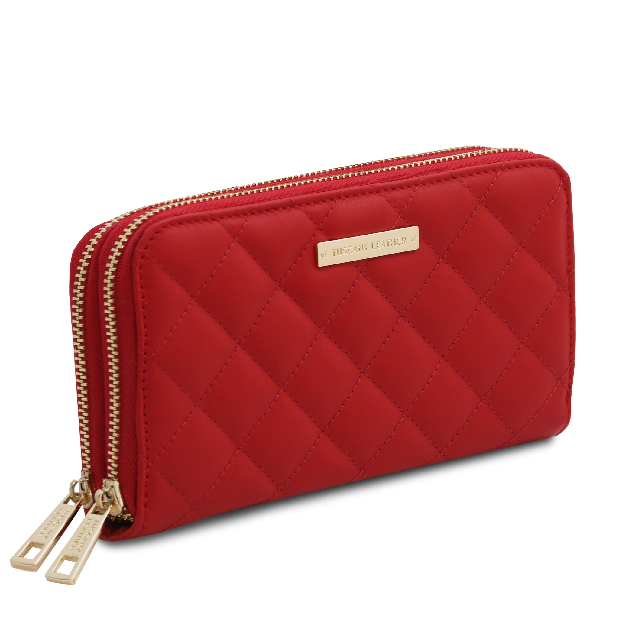 Front side view of both zippered compartments of Ada Double Zip Around Soft Italian Leather Wallet in red on white background