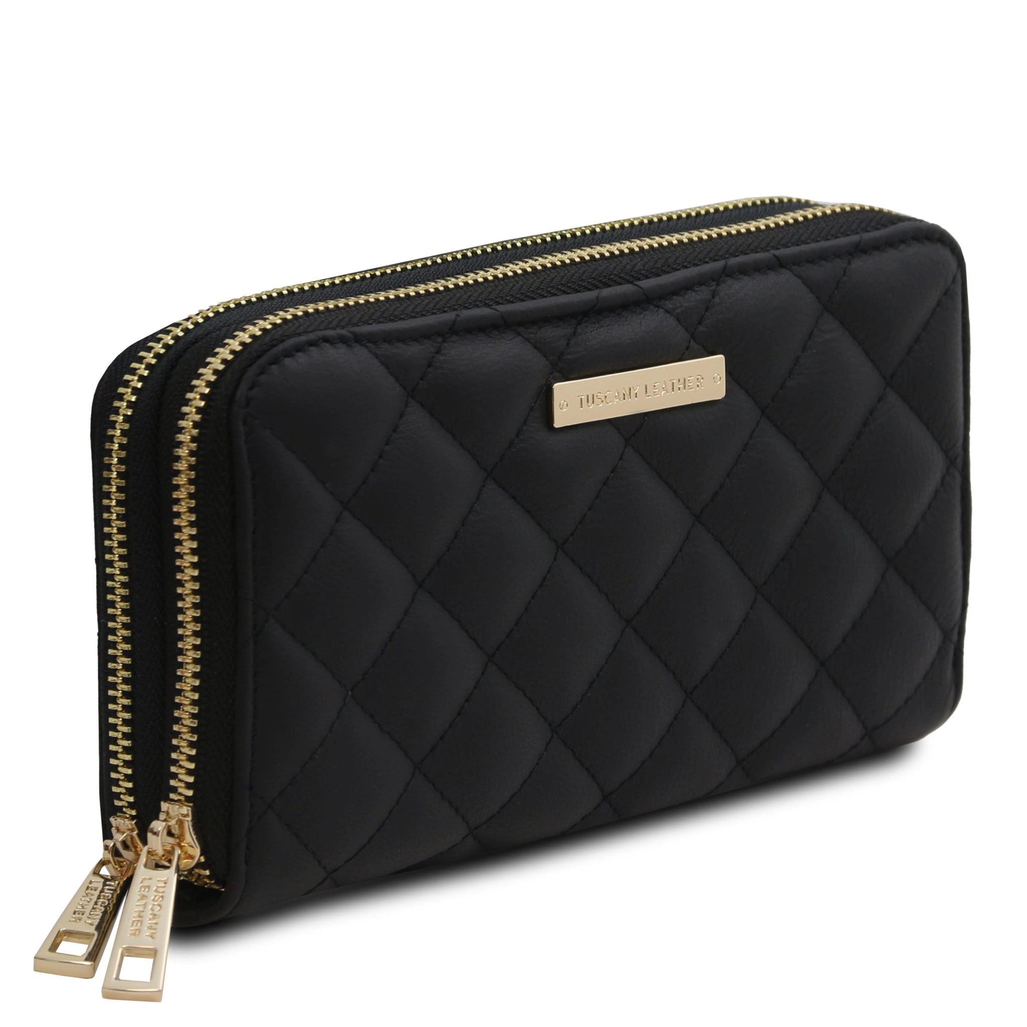 Front side view of both zippered compartments of Ada Double Zip Around Soft Italian Leather Wallet in black on white background