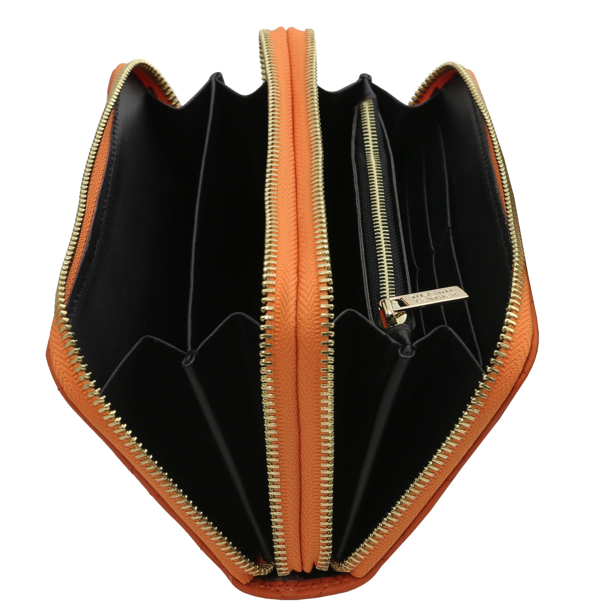 Top interior view of coin pocket, open pockets, card pockets of Ada Double Zip Around Soft Italian Leather Wallet in orange on a white background