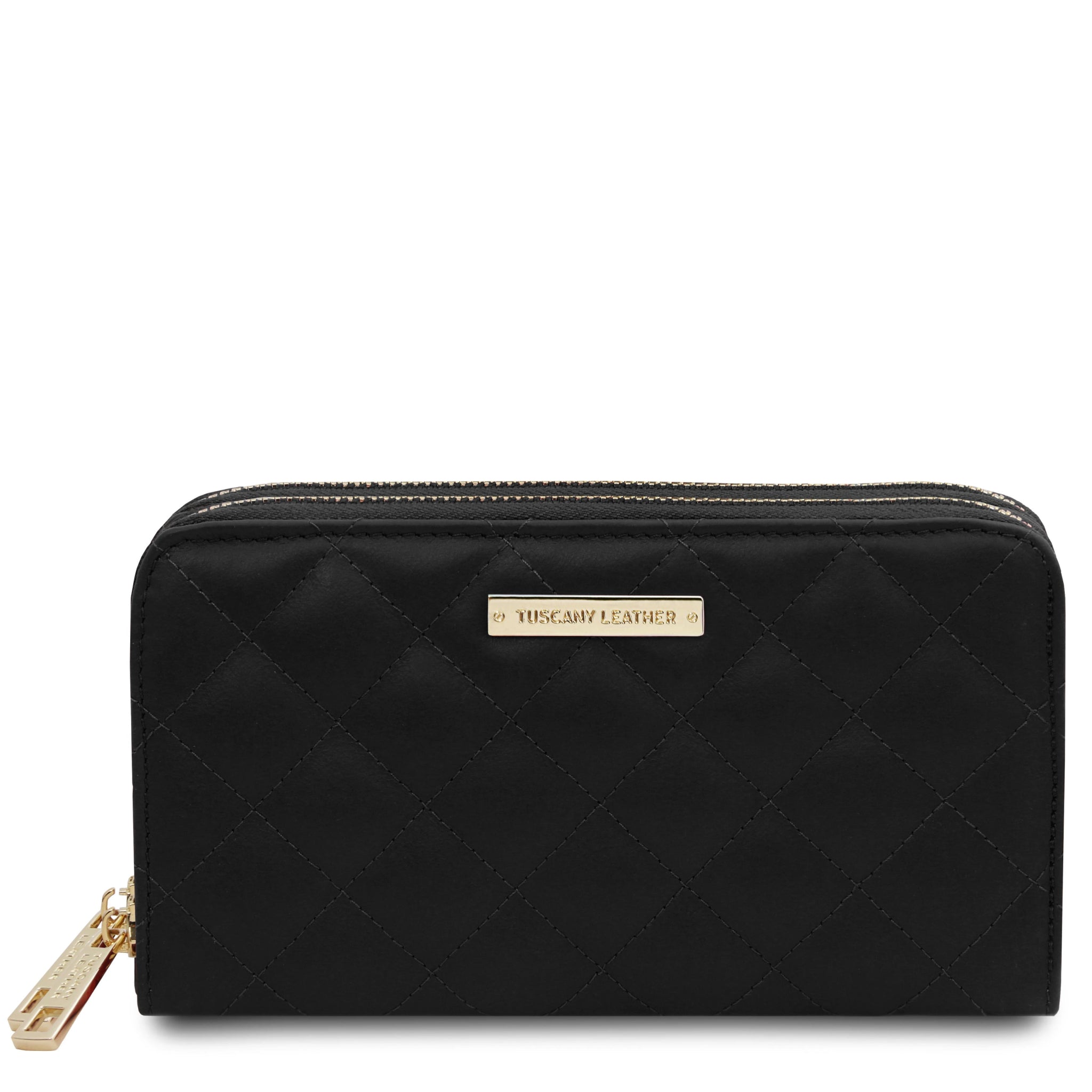 Front View Ada Double Zip Around Soft Italian Leather Wallet in black on a white background - L'Atelier Global
