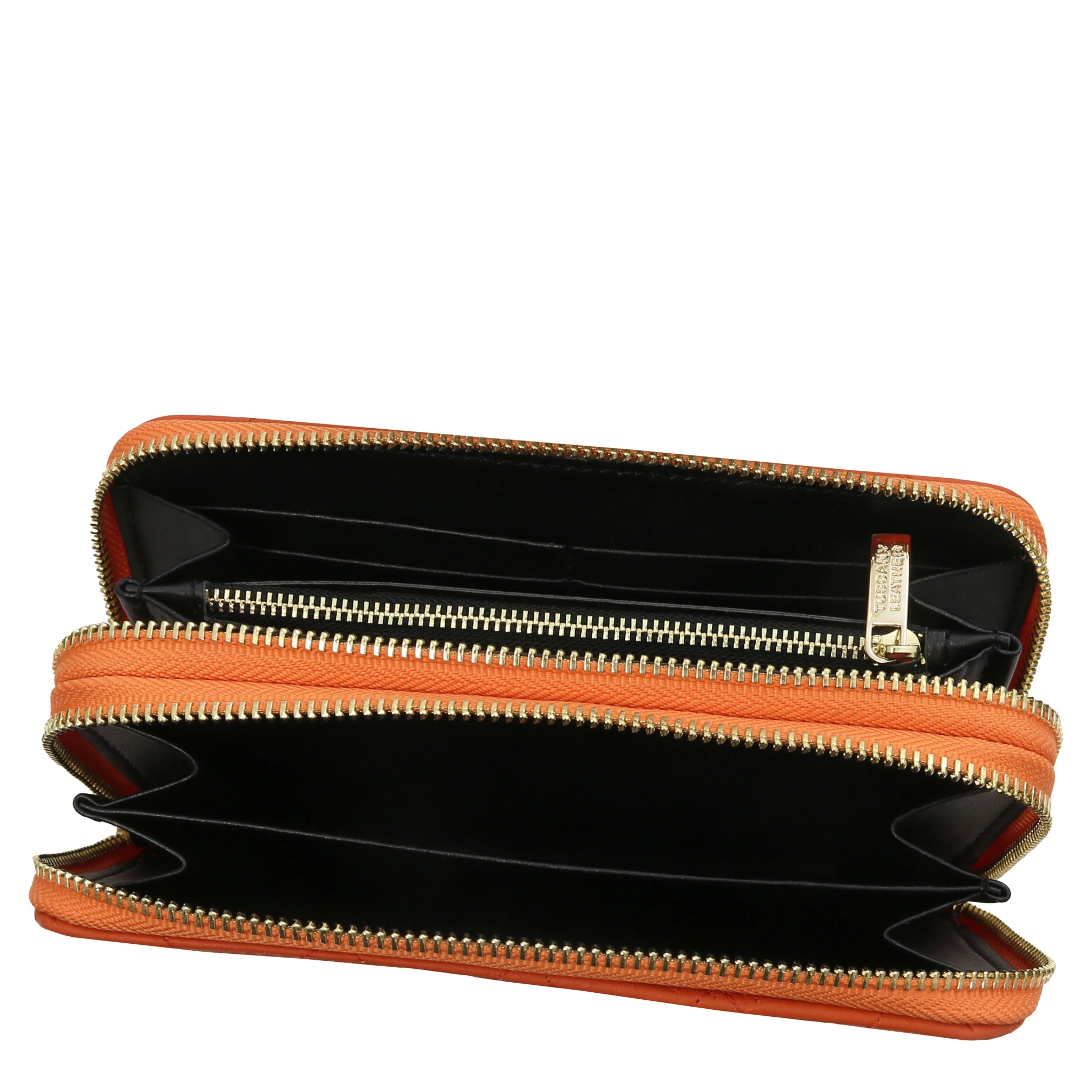 Top interior view of both zippered compartments and currency pockets of Ada Double Zip Around Soft Italian Leather Wallet in orange