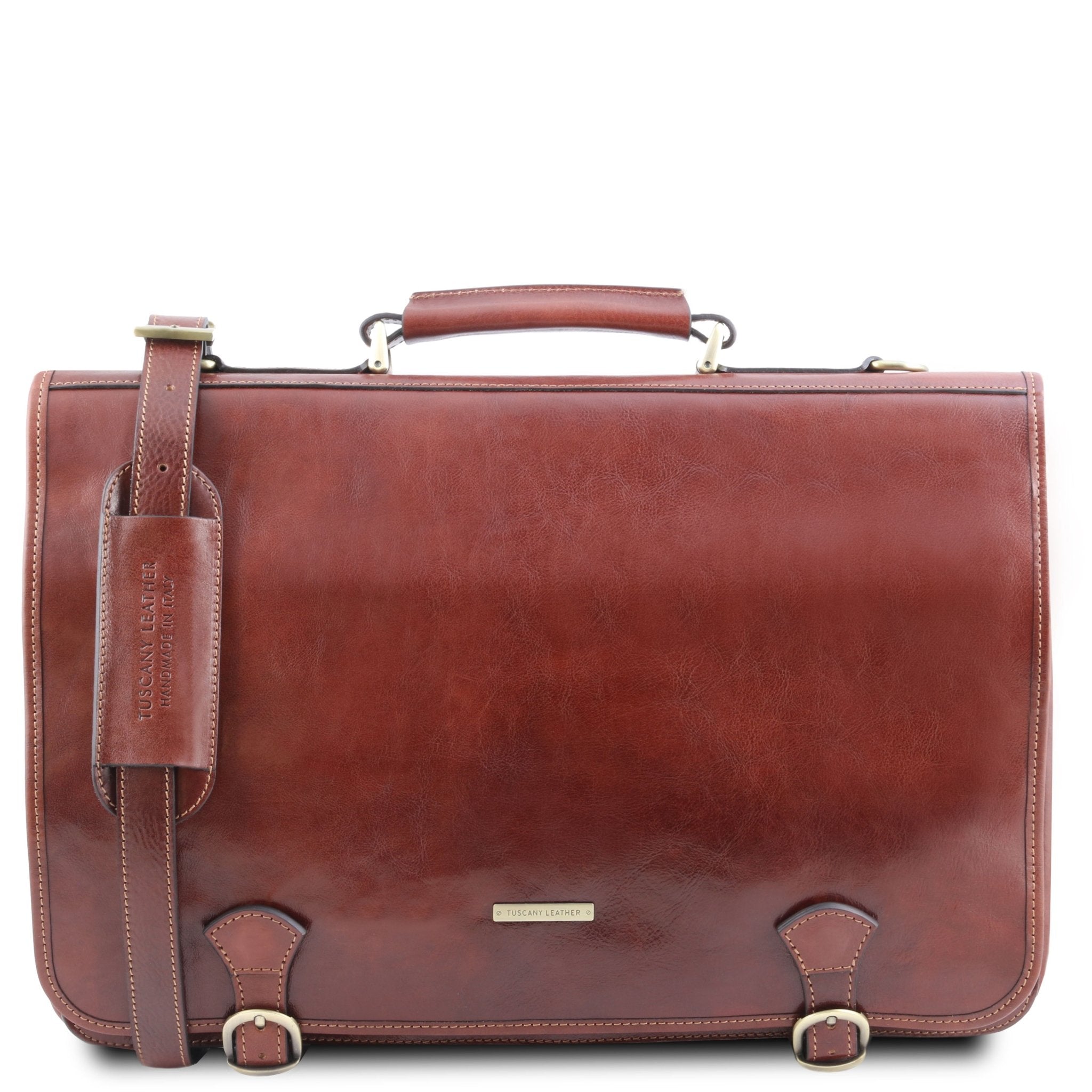 Front View of the Ancona Leather Messenger Bag in Brown showing the Removable and Adjustable Shoulder Strap