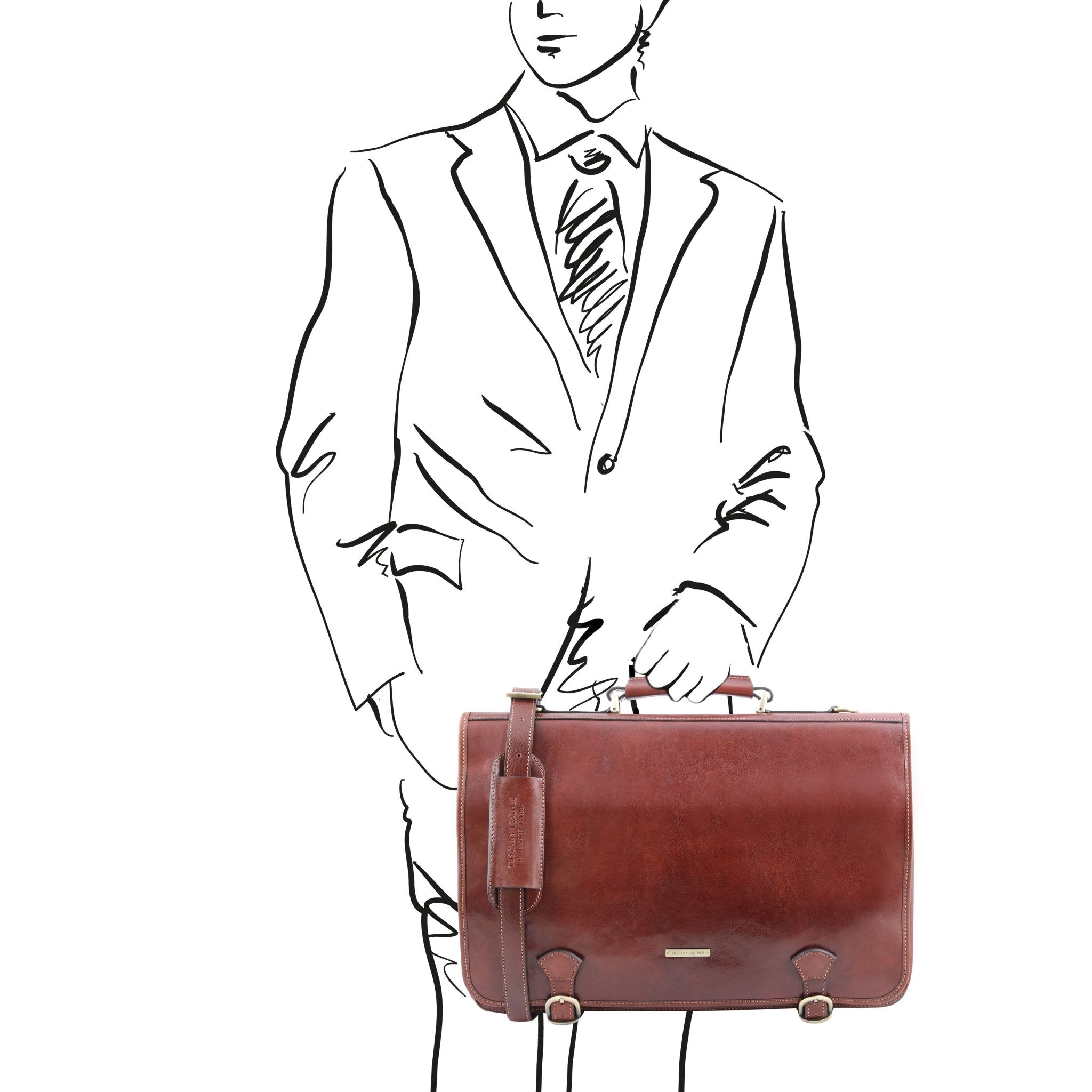 A black and white sketch of a man holding the Ancona Leather Messenger Bag in Brown to show scale