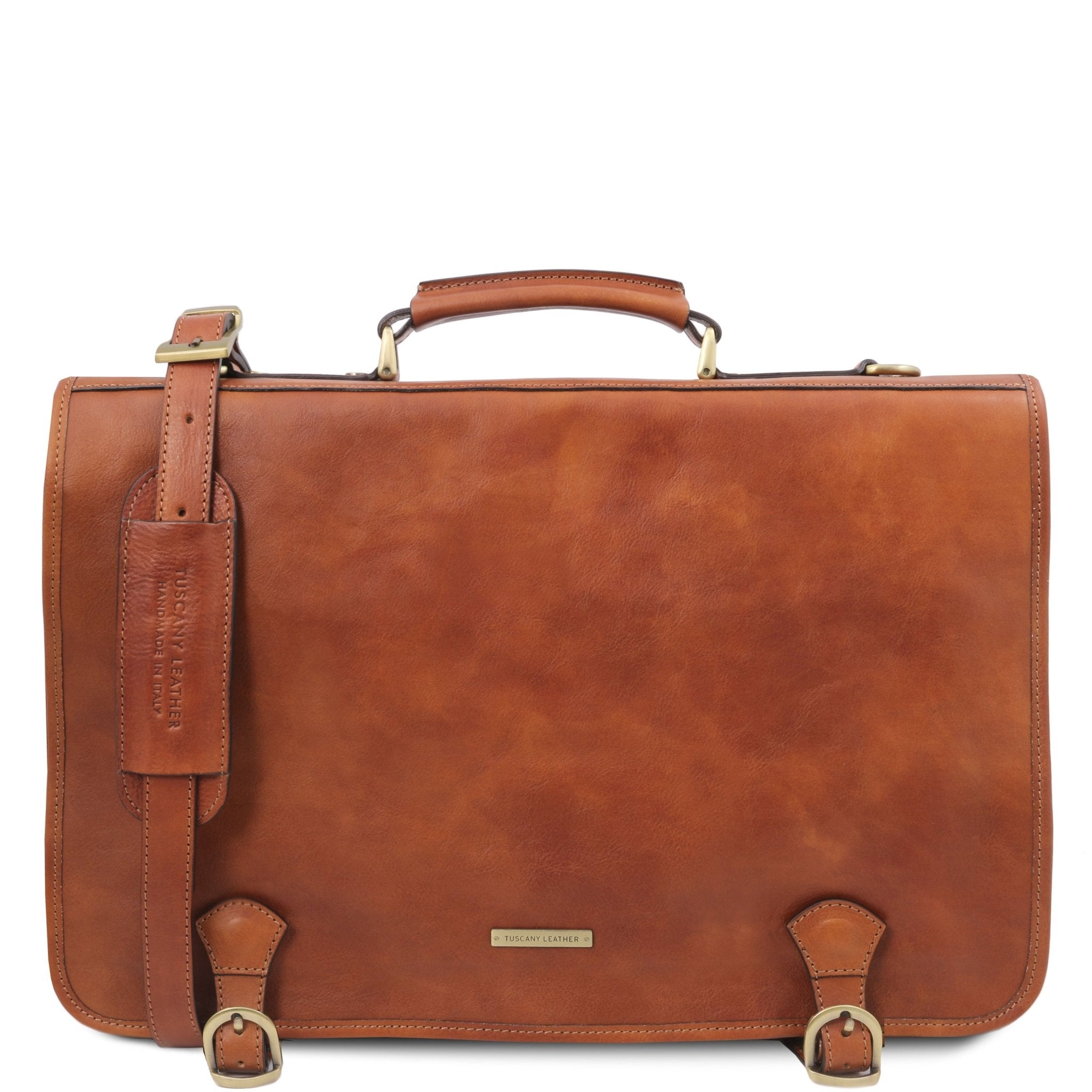 Front View of the Ancona Leather Messenger Bag in Natural showing the Removable and Adjustable Shoulder Strap