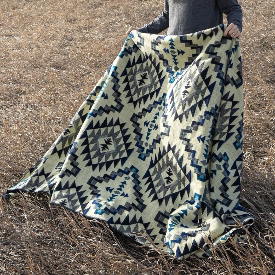 Andean Blue Chakana Alpaca Wool Blanket showing reverse ivory based side - L'Atelier Global