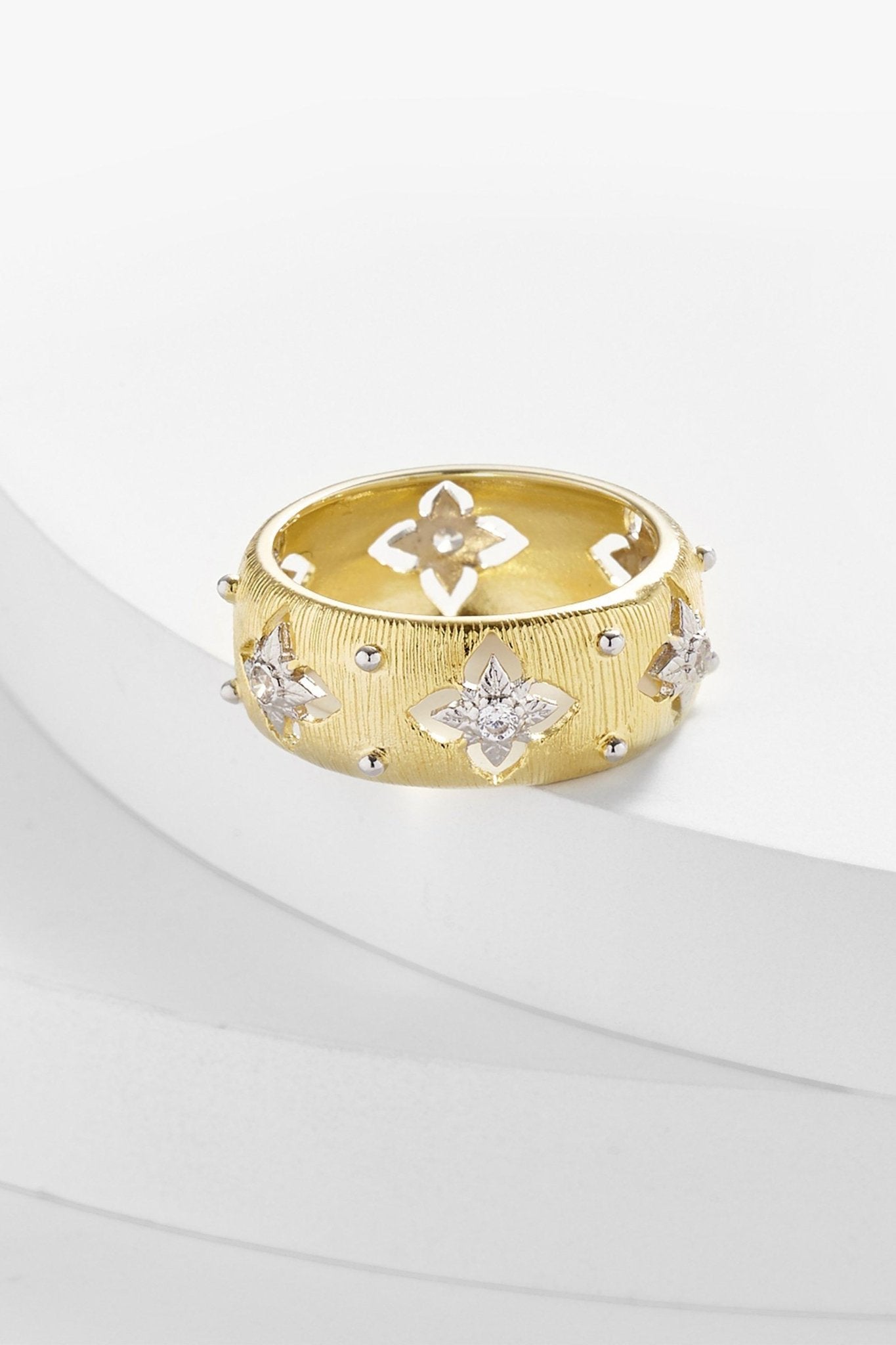 Antique Brushed Gold Sunburst Ring on a white setting