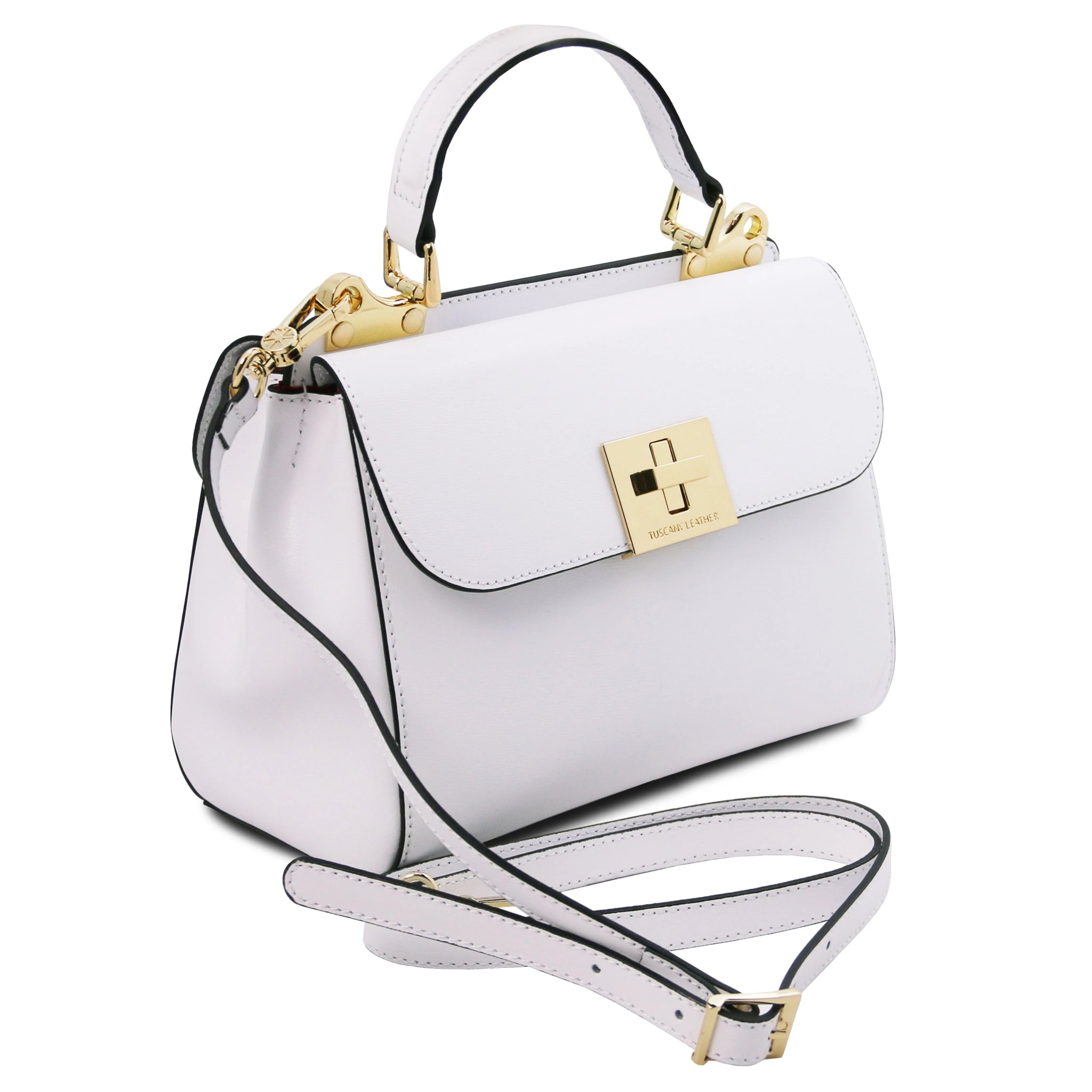 Armonia Leather Handbag in white front view showing shoulder strap - L'Atelier Global