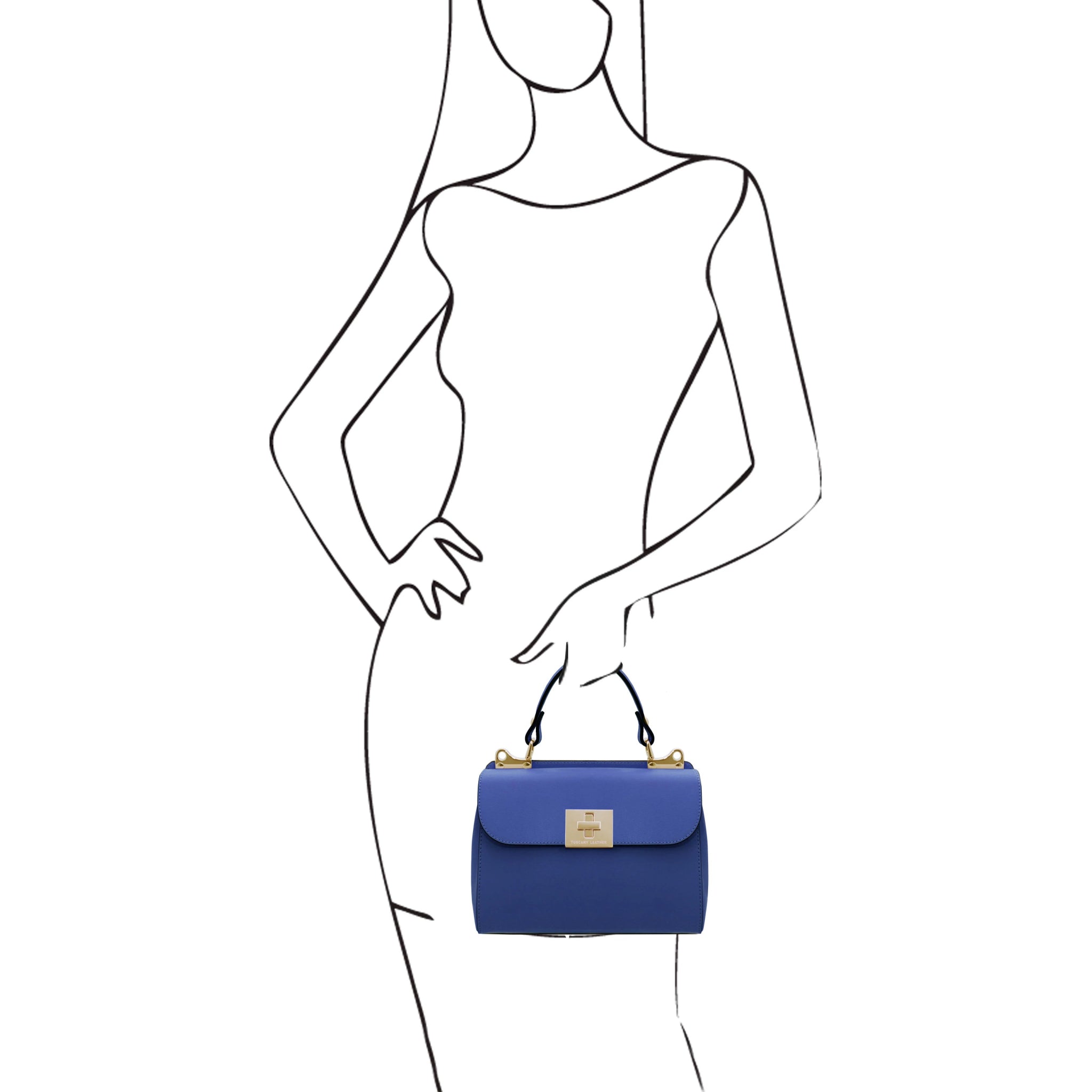 Armonia Leather Handbag in blue , black sketch of model holding bag- L'Atelier Global
