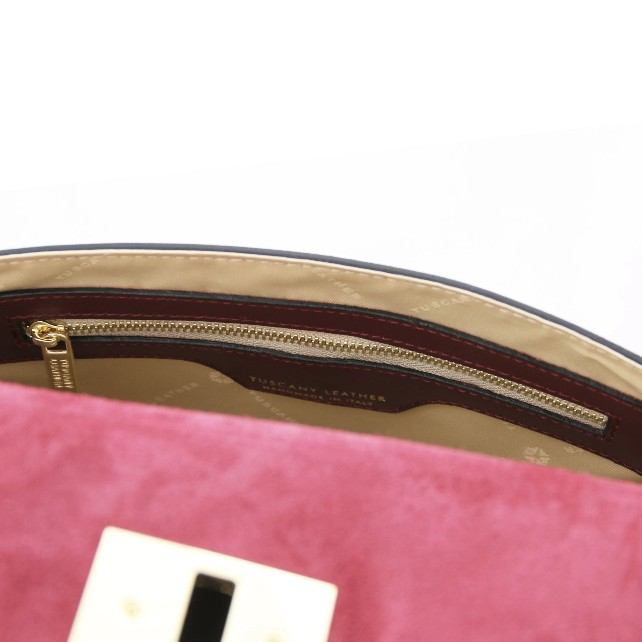Armonia Italian Leather Handbag in Bordeaux- pink polyester Interior Zip pocket View