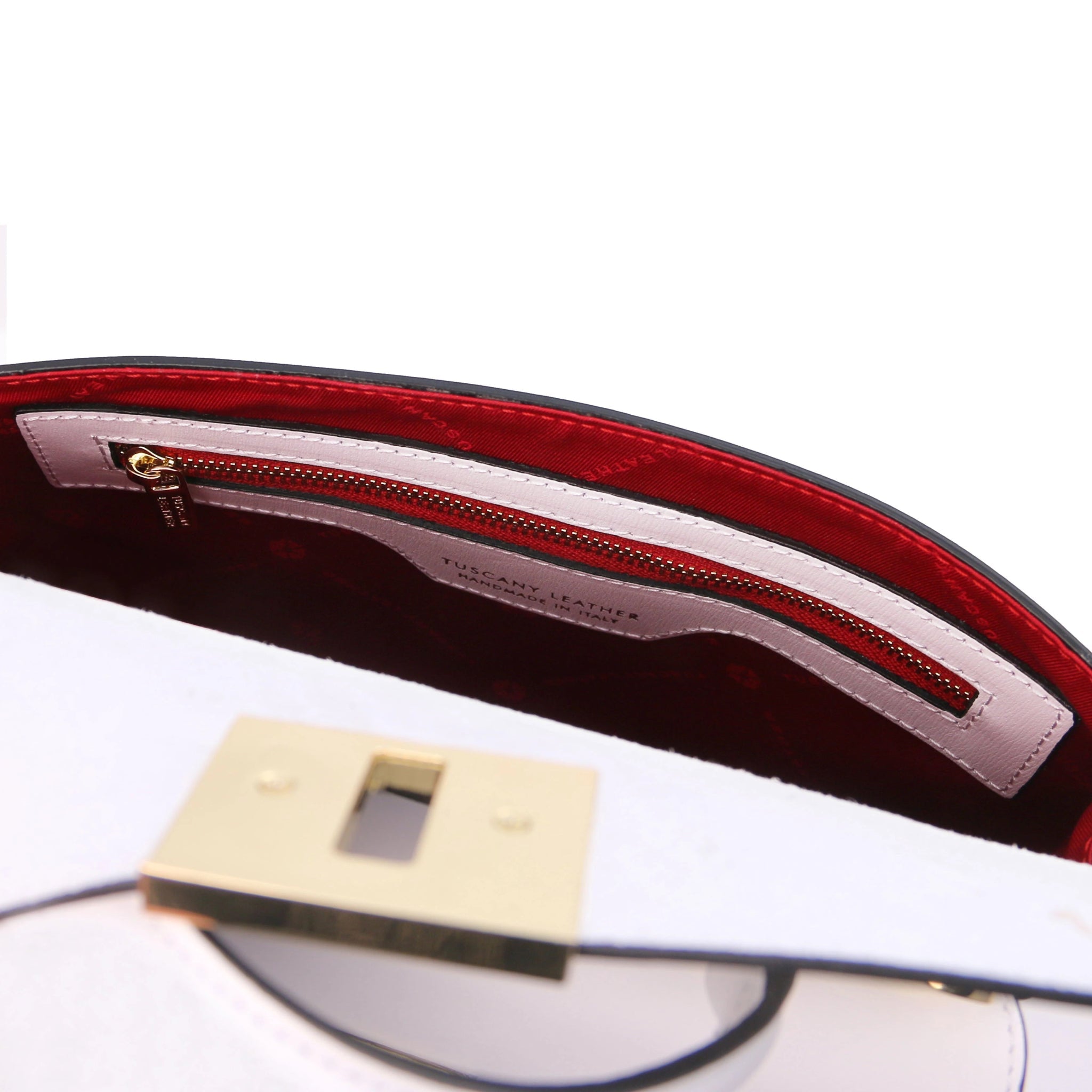 Armonia Italian Leather Handbag in White- Red polyester Interior Zip Pocket View