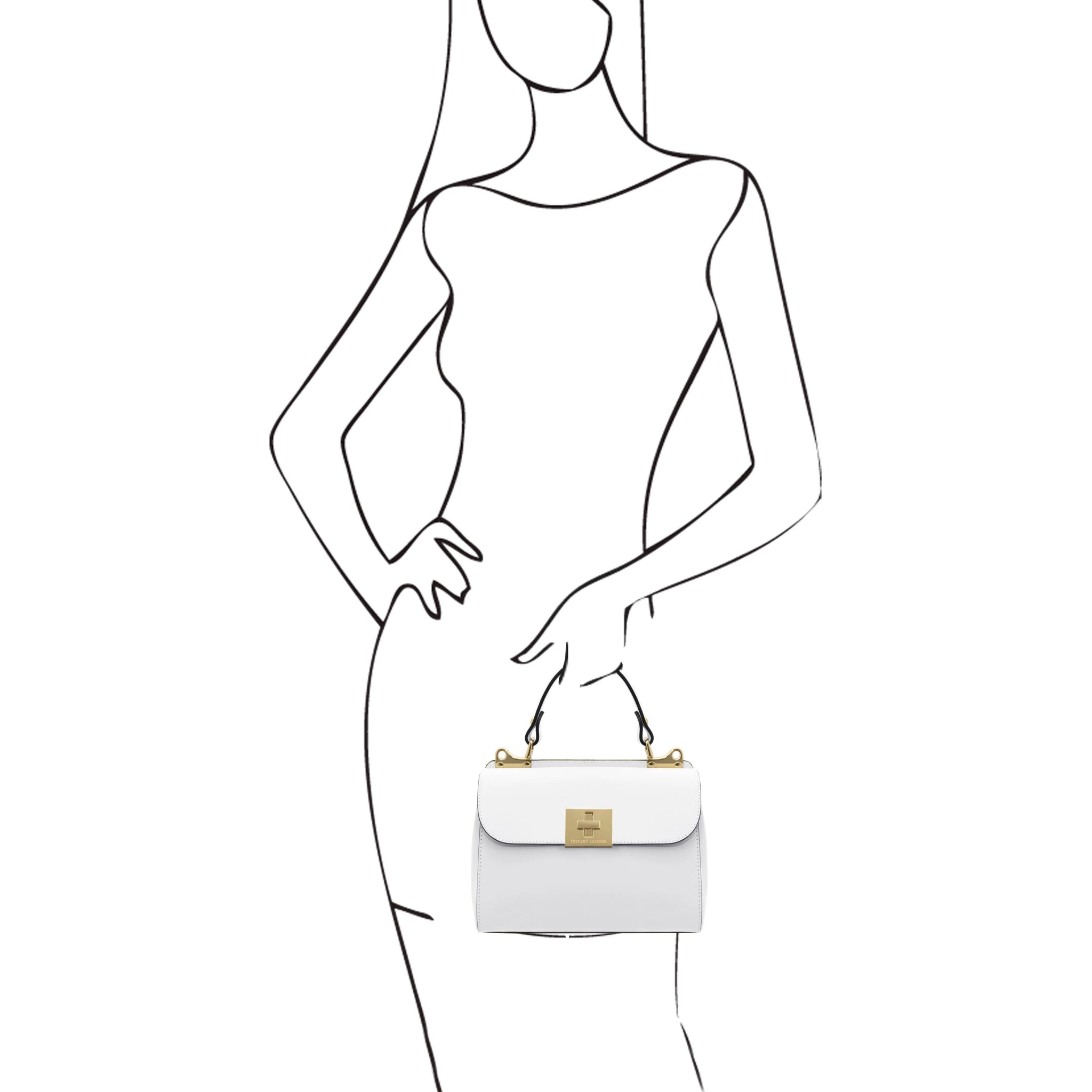 Armonia Leather Handbag in white , black sketch of model holding bag- L'Atelier Global