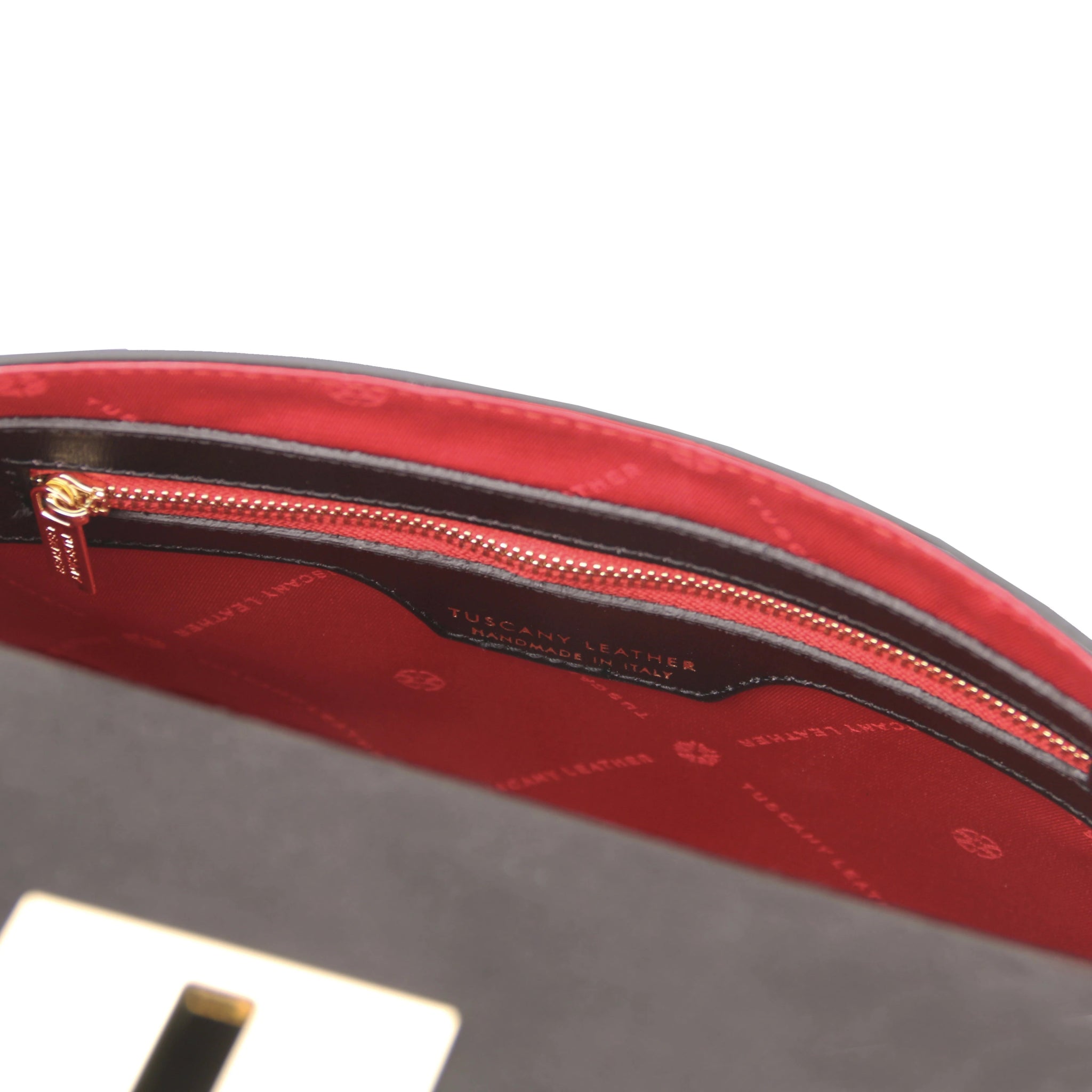 Armonia Italian Leather Handbag in Black - Red polyester Interior Open Zip Pocket View