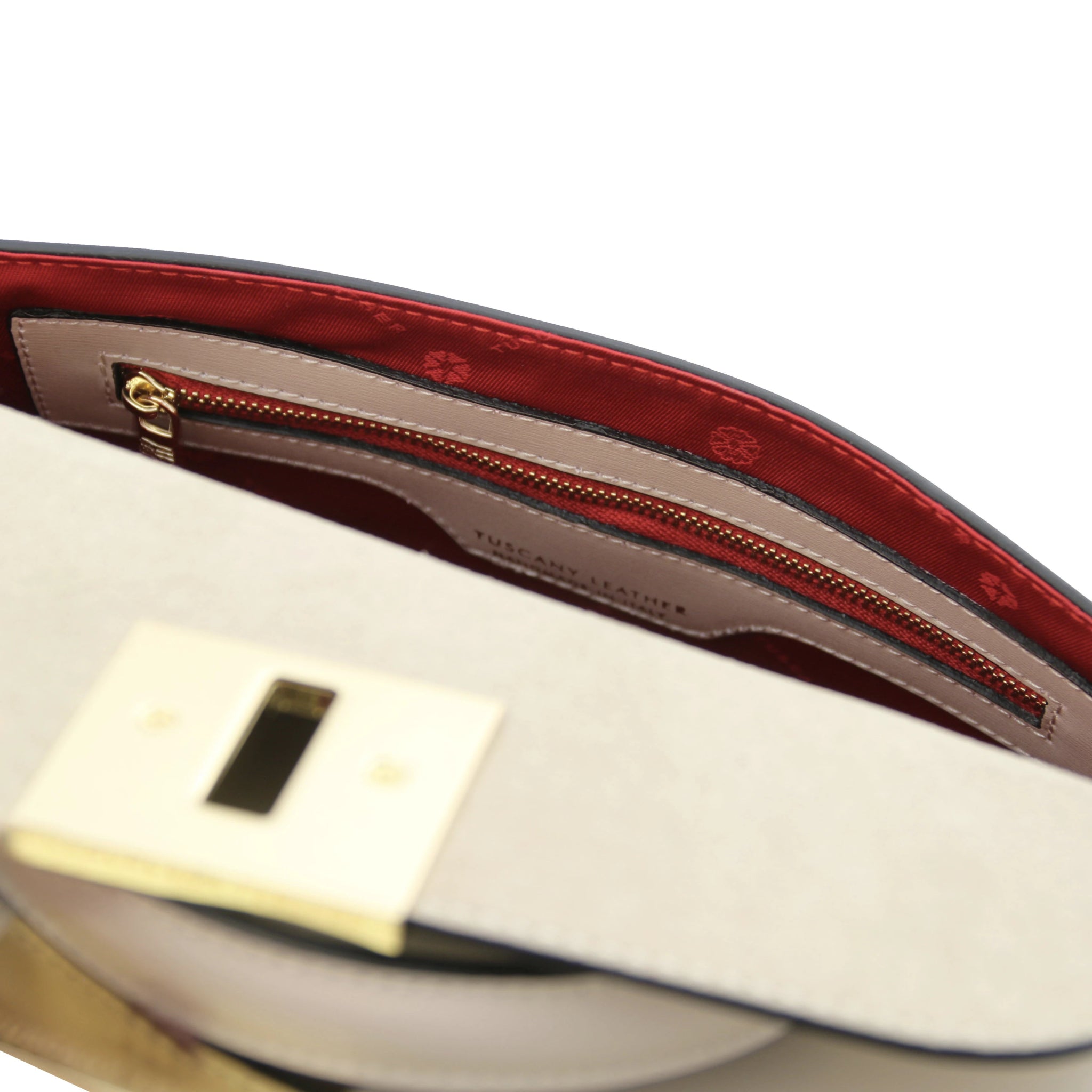 Armonia Italian Leather Handbag in Beige - Red polyester Interior Zip Pocket View