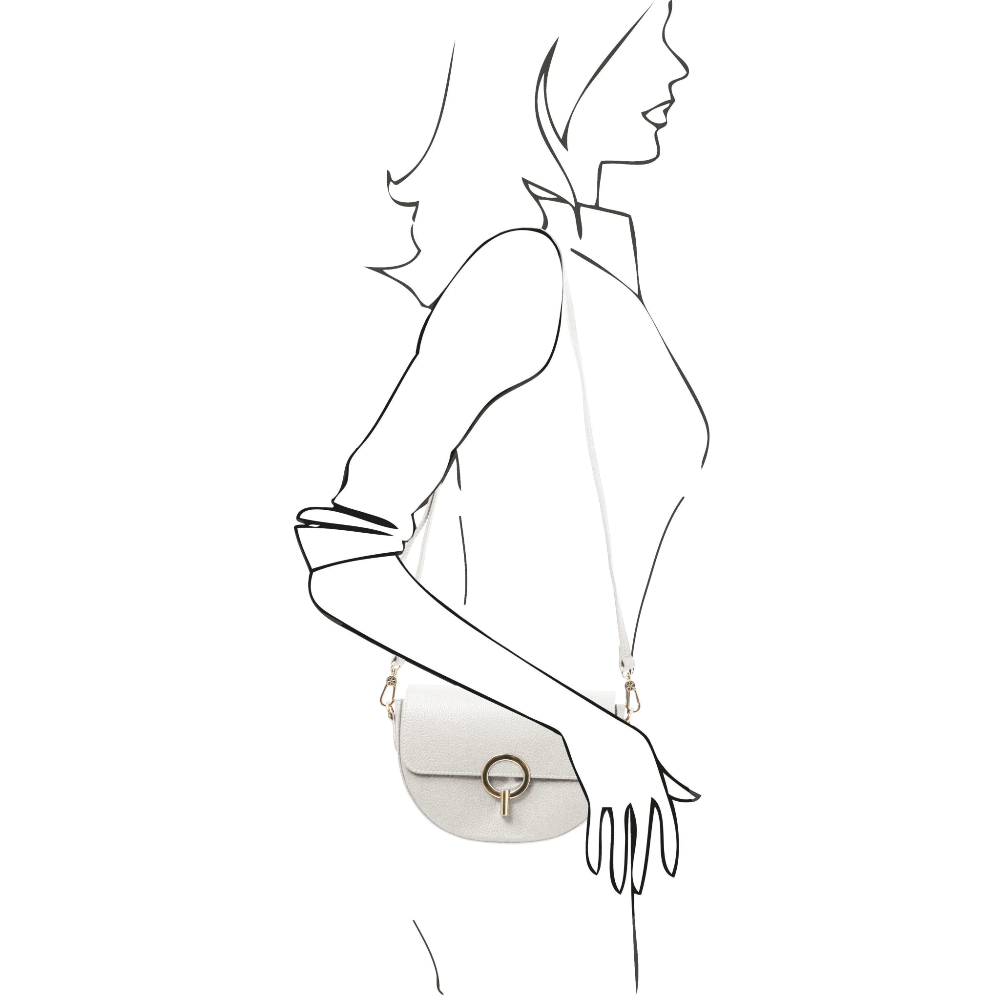 Front view Astrea Leather Shoulder Bag in white on model sketch drawn with black ink on white
