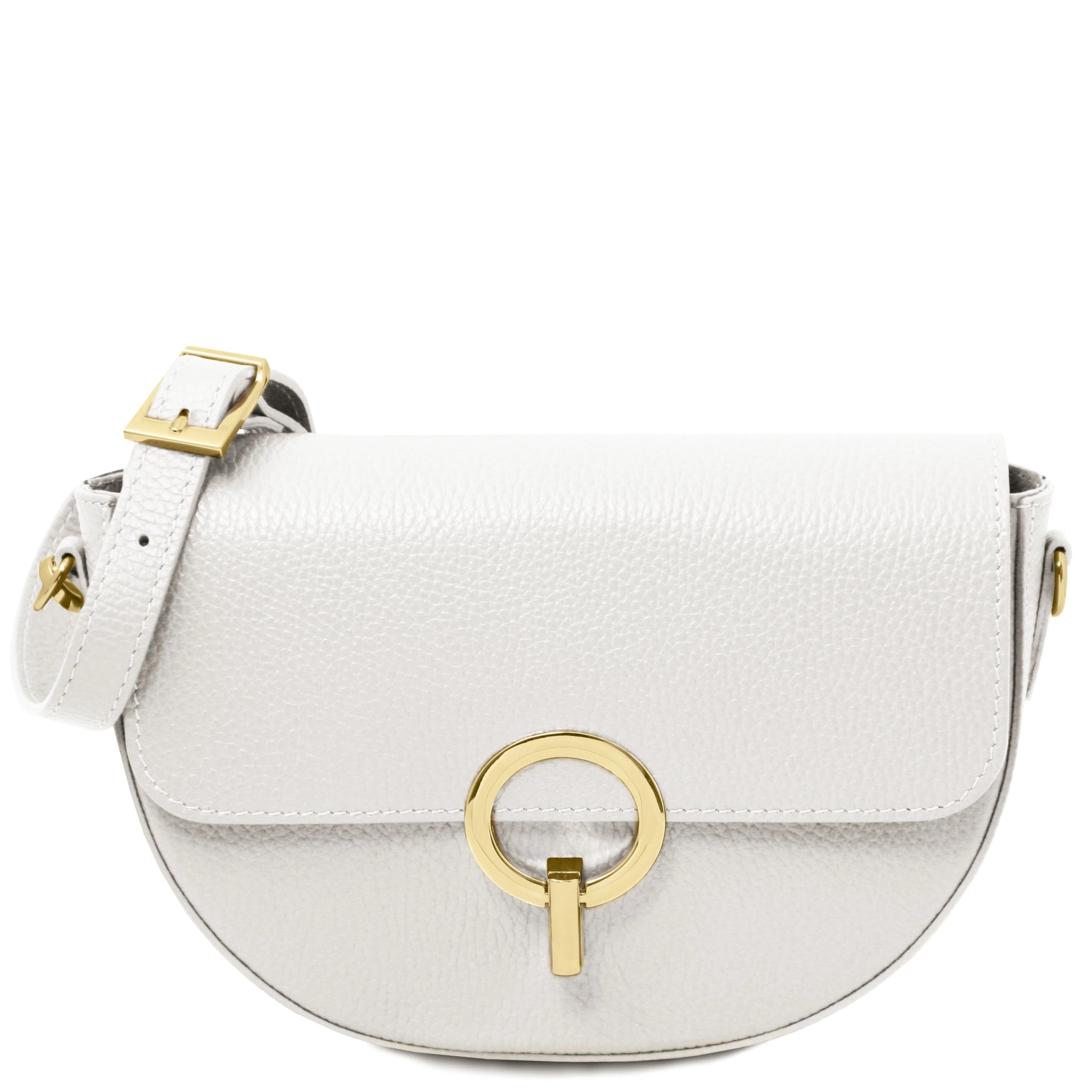 Front view Astrea Leather Shoulder Bag in white on a white background showing gold accented magnetic front flap closure and shoulder strap