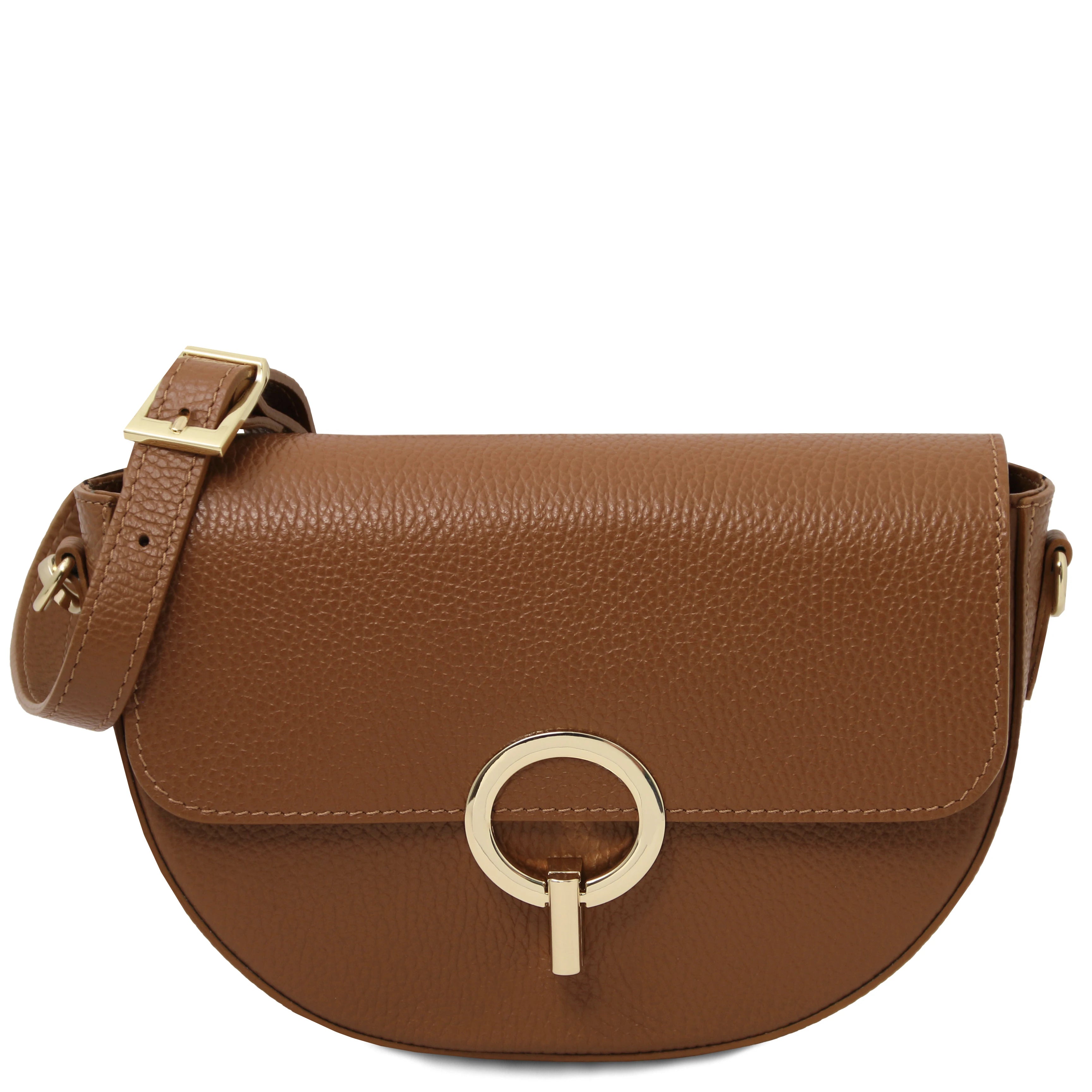 Front view Astrea Leather Shoulder Bag in cognac on a white background showing gold accented magnetic front flap closure and shoulder strap