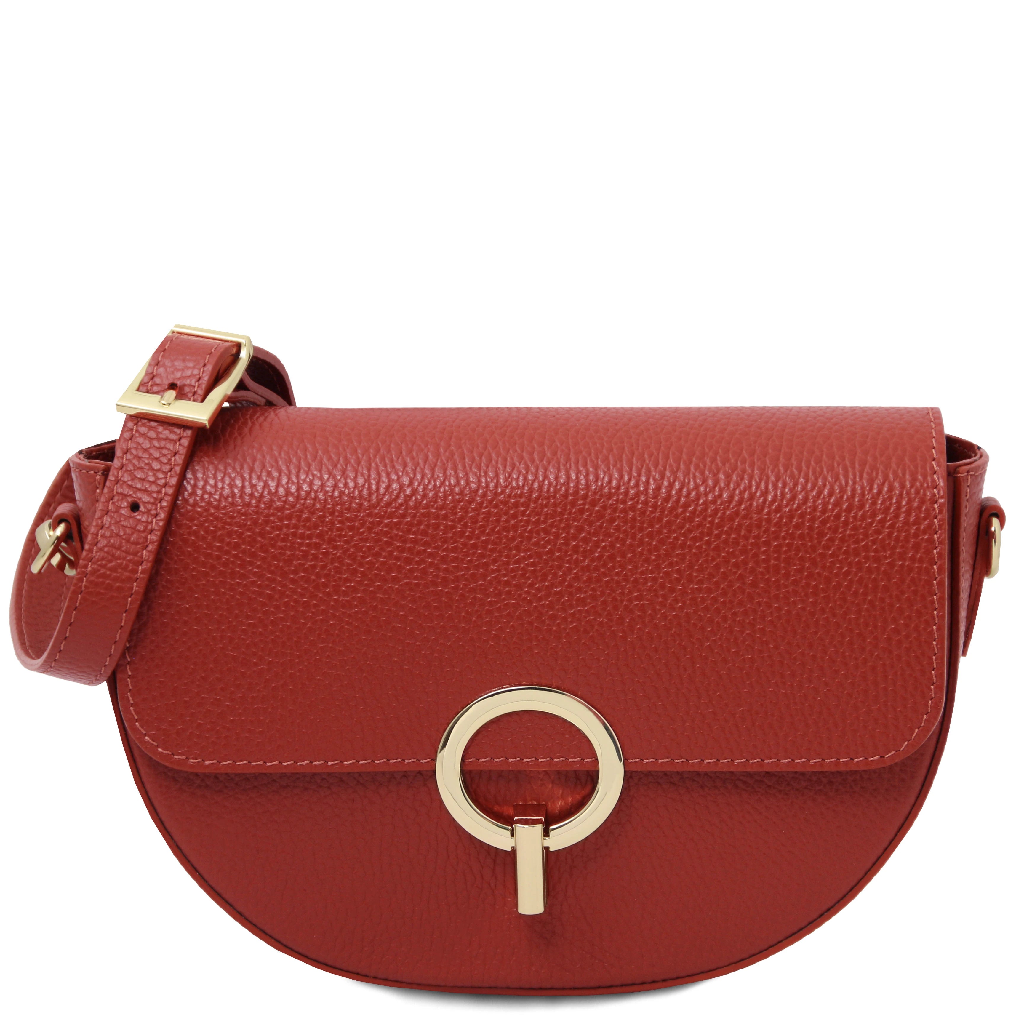 Front view Astrea Leather Shoulder Bag in red on a white background showing gold accented magnetic front flap closure and shoulder strap