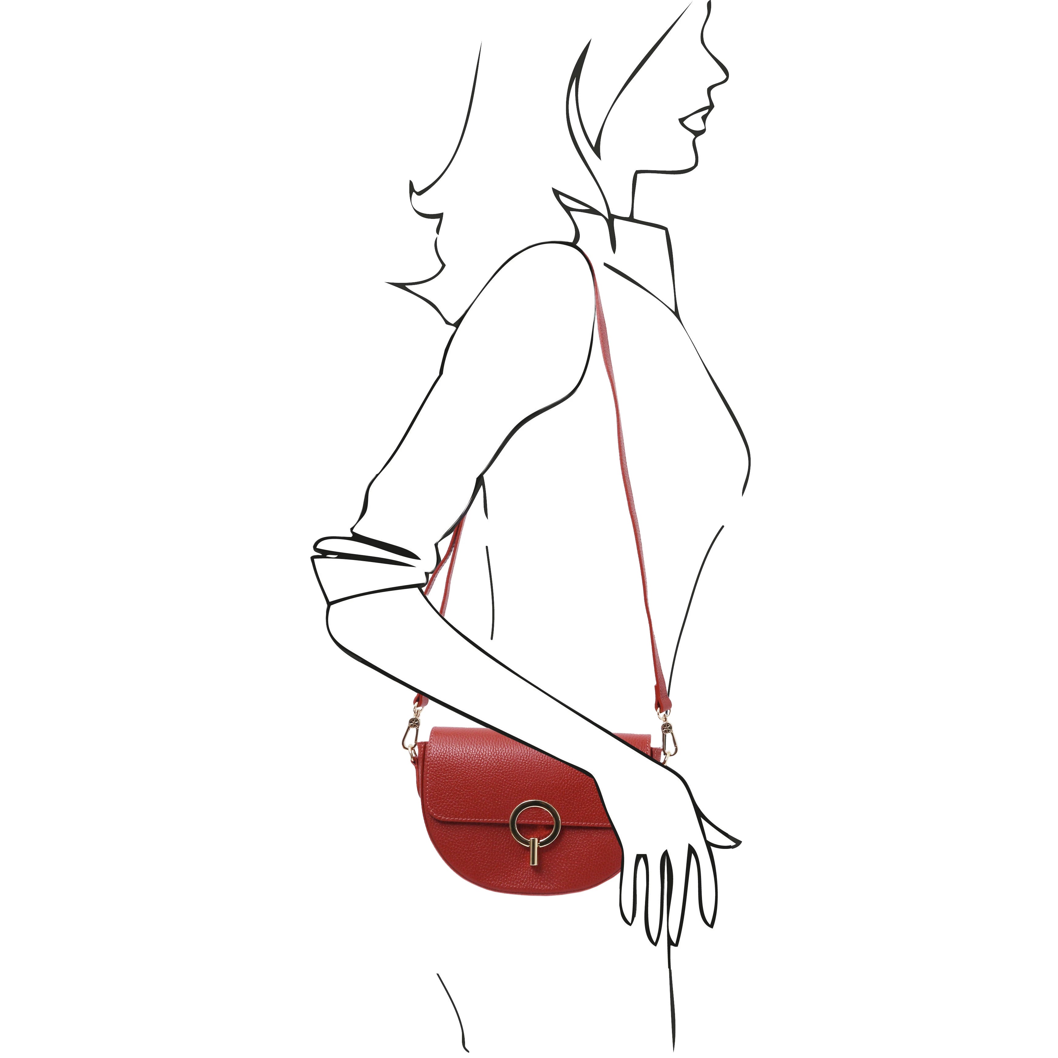 Front view Astrea Leather Shoulder Bag in lipstick red on model sketch drawn with black ink on white