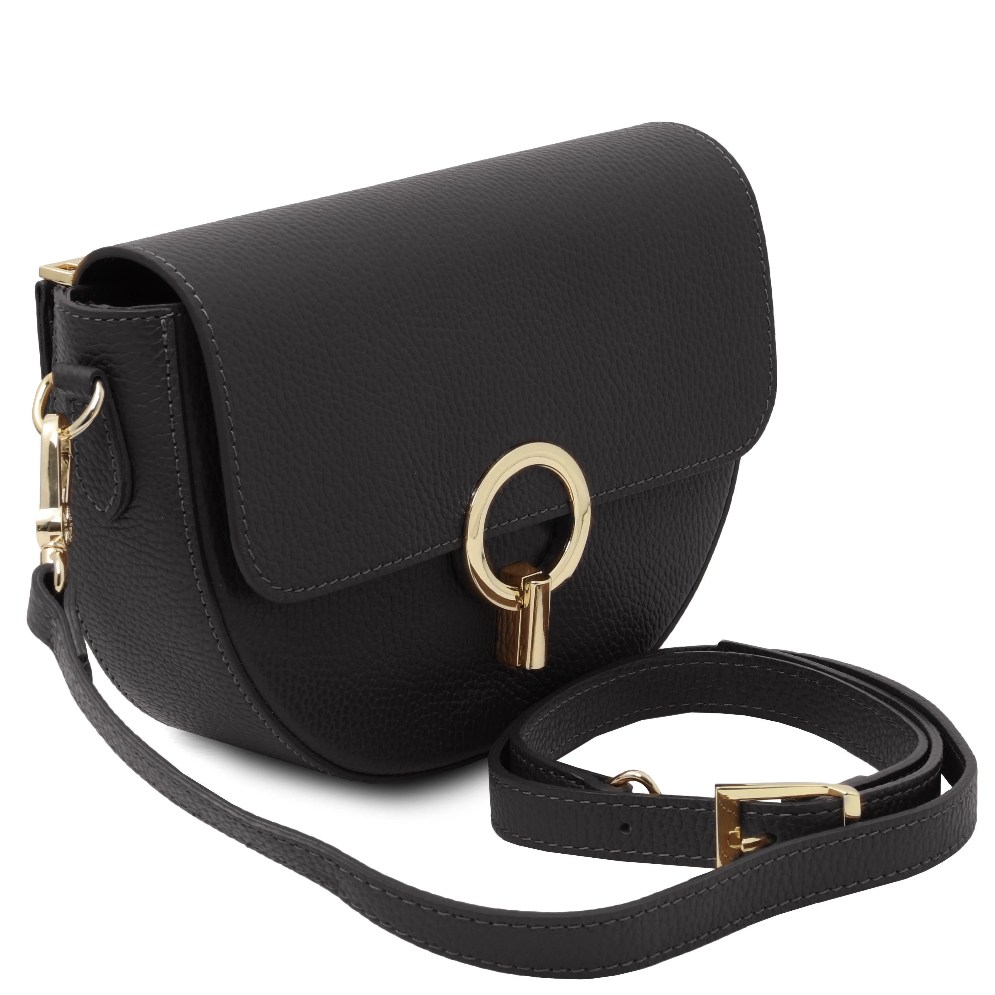 Front side view Astrea Leather Shoulder Bag in black on a white background showing detachable and adjustable shoulder strap